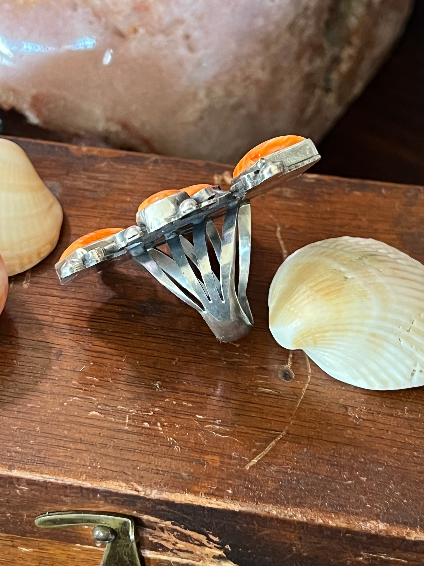 Apache Sterling Silver and Orange Spiny Oyster Shell Intuition Ring, Size 8