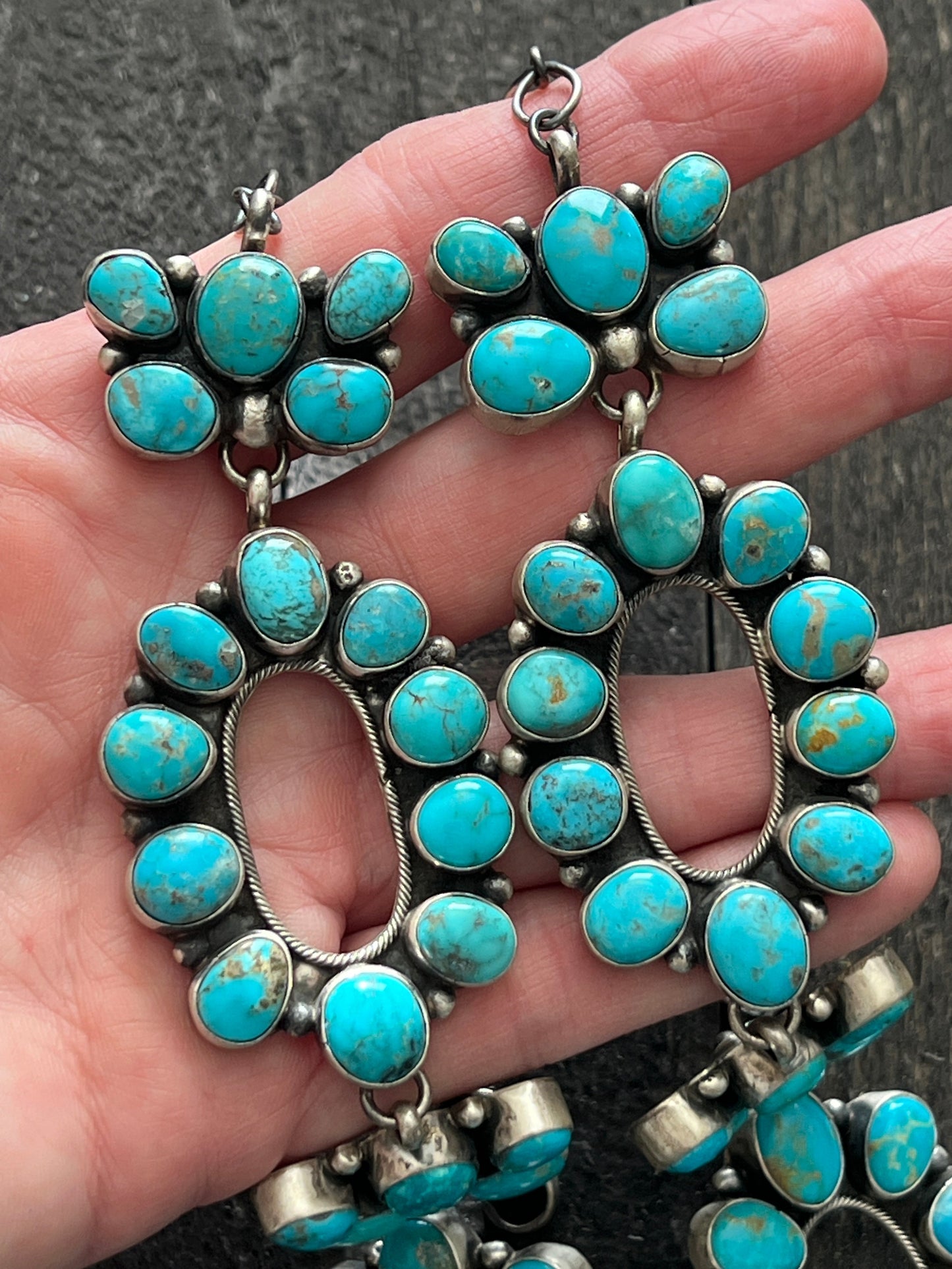 Navajo Sterling Silver and Whitewater Campitos Turquoise Cluster Necklace and Earring Set by Sheila Becenti