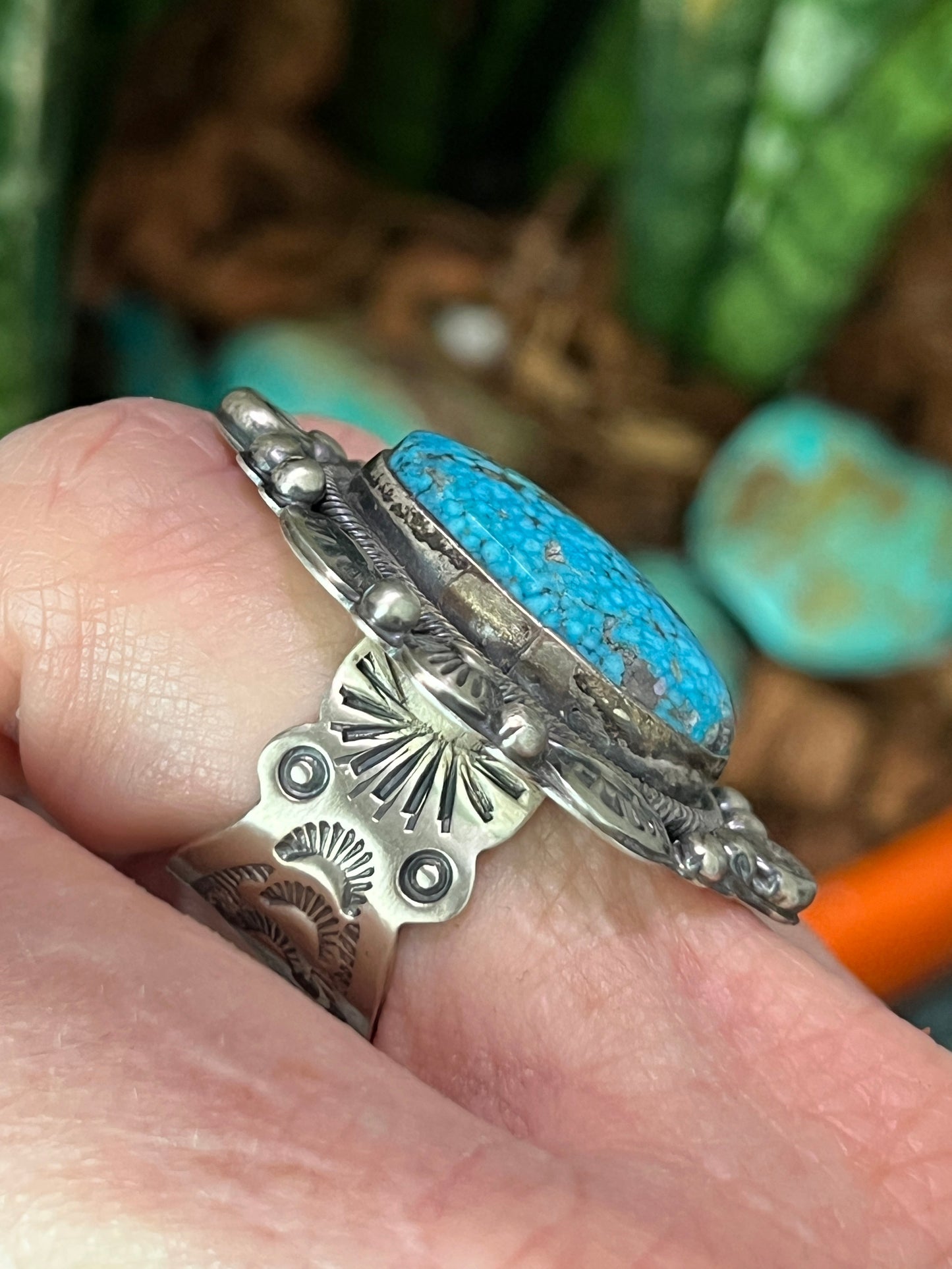 Navajo Sterling Silver and Natural Kingman Web Ring by Boyd Ashley, Size 8