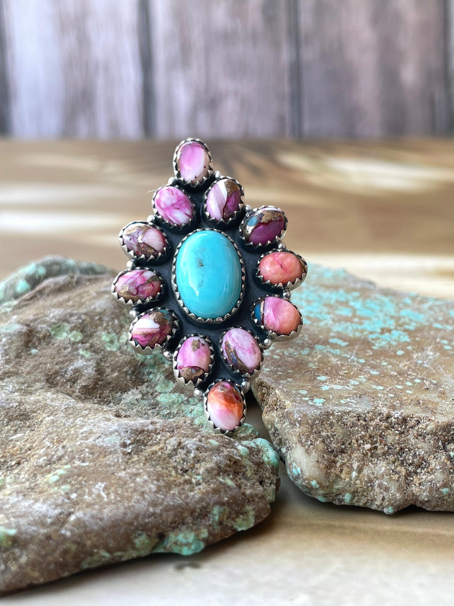 Handmade Sterling Silver, Pink Dream & Turquoise Cluster Adjustable Ring