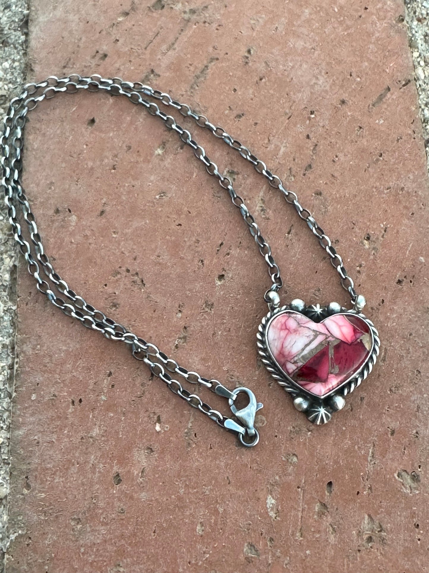 Navajo Rose Dahlia & Sterling Silver Heart Necklace