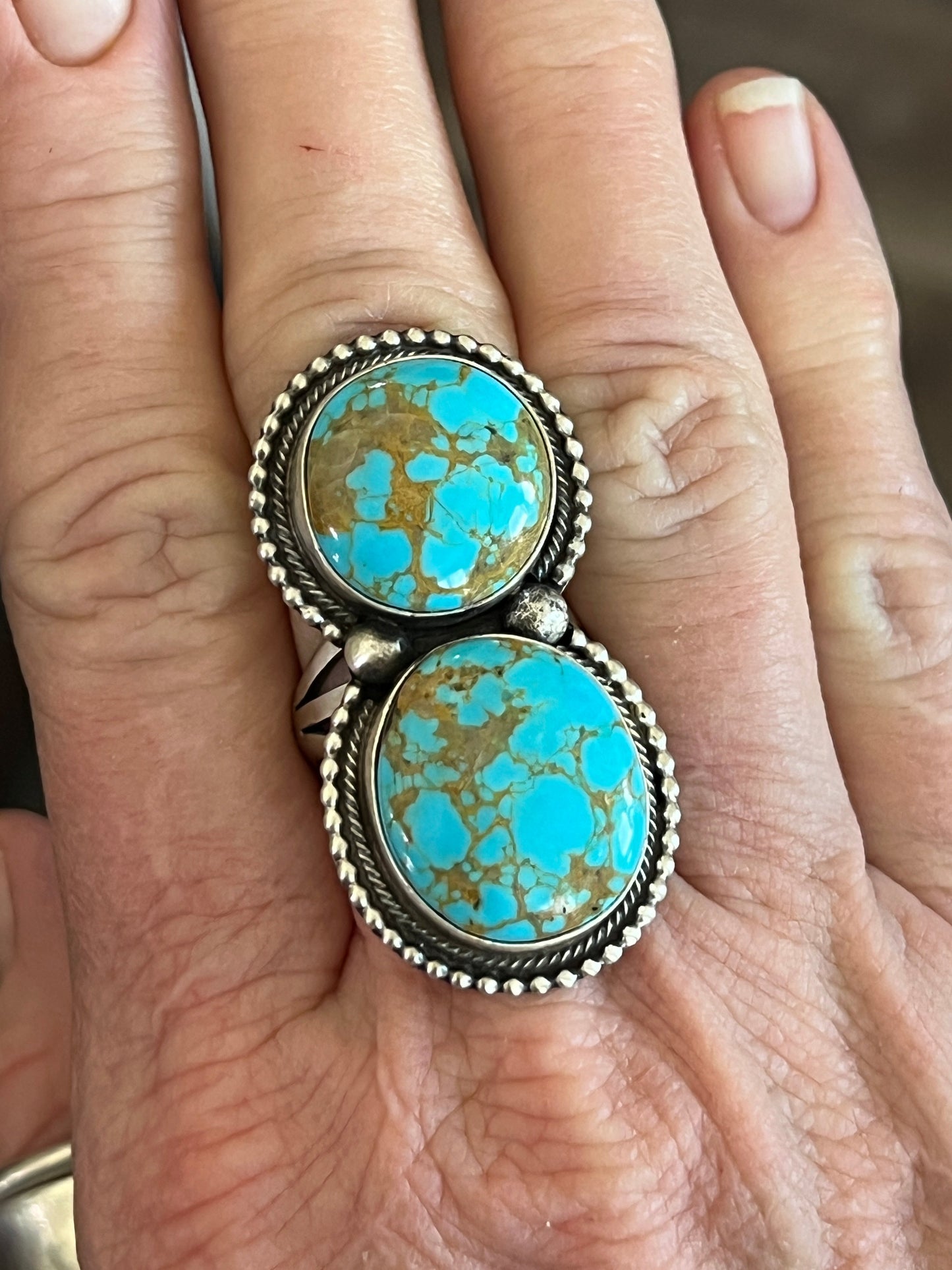 Navajo Sterling Silver and Number 8 Turquoise Ring by Darrin Livingston, Size 9