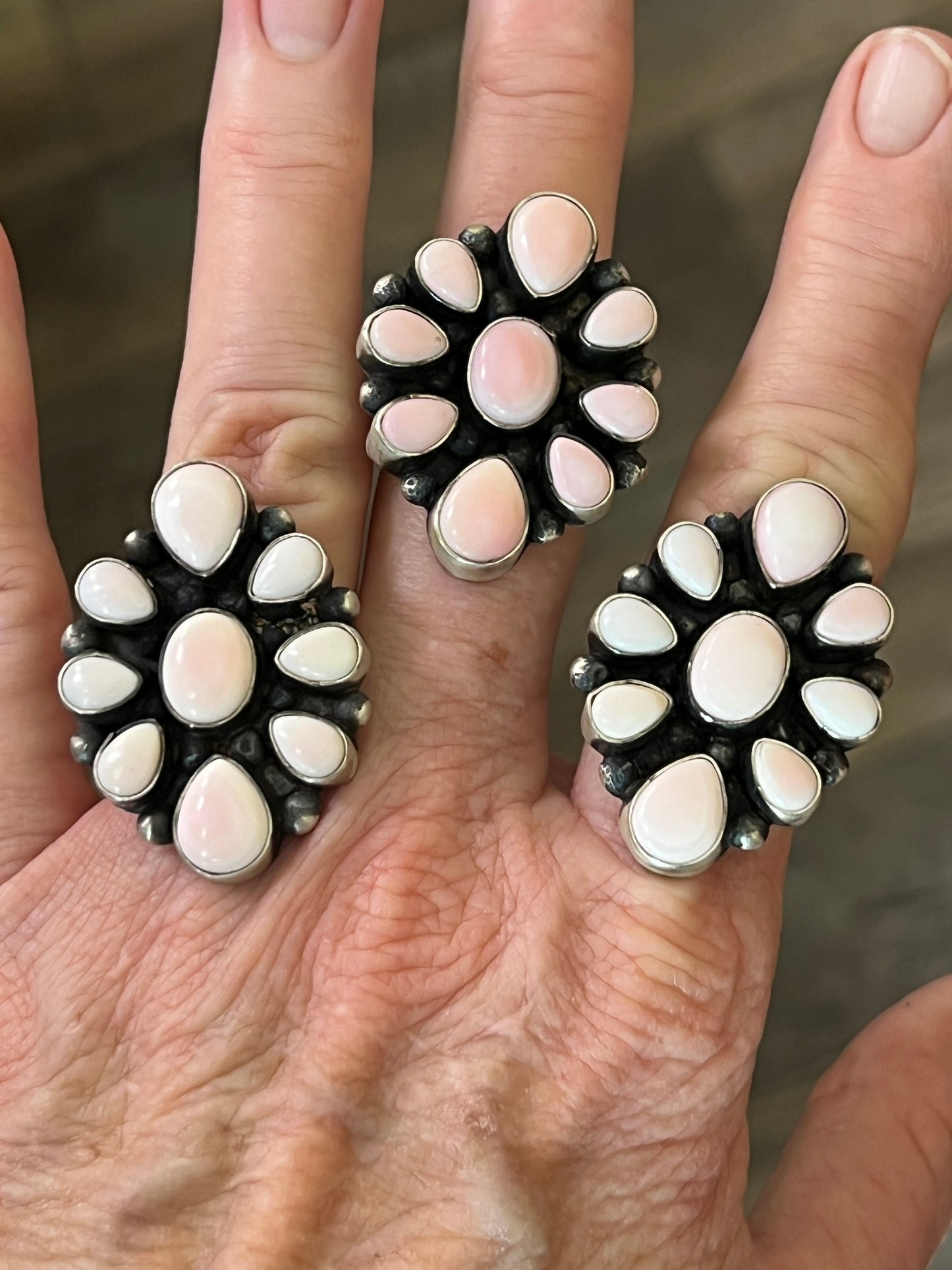Navajo Sterling Silver and Queen Pink Conch Shell Cluster Ring by Travis Jim
