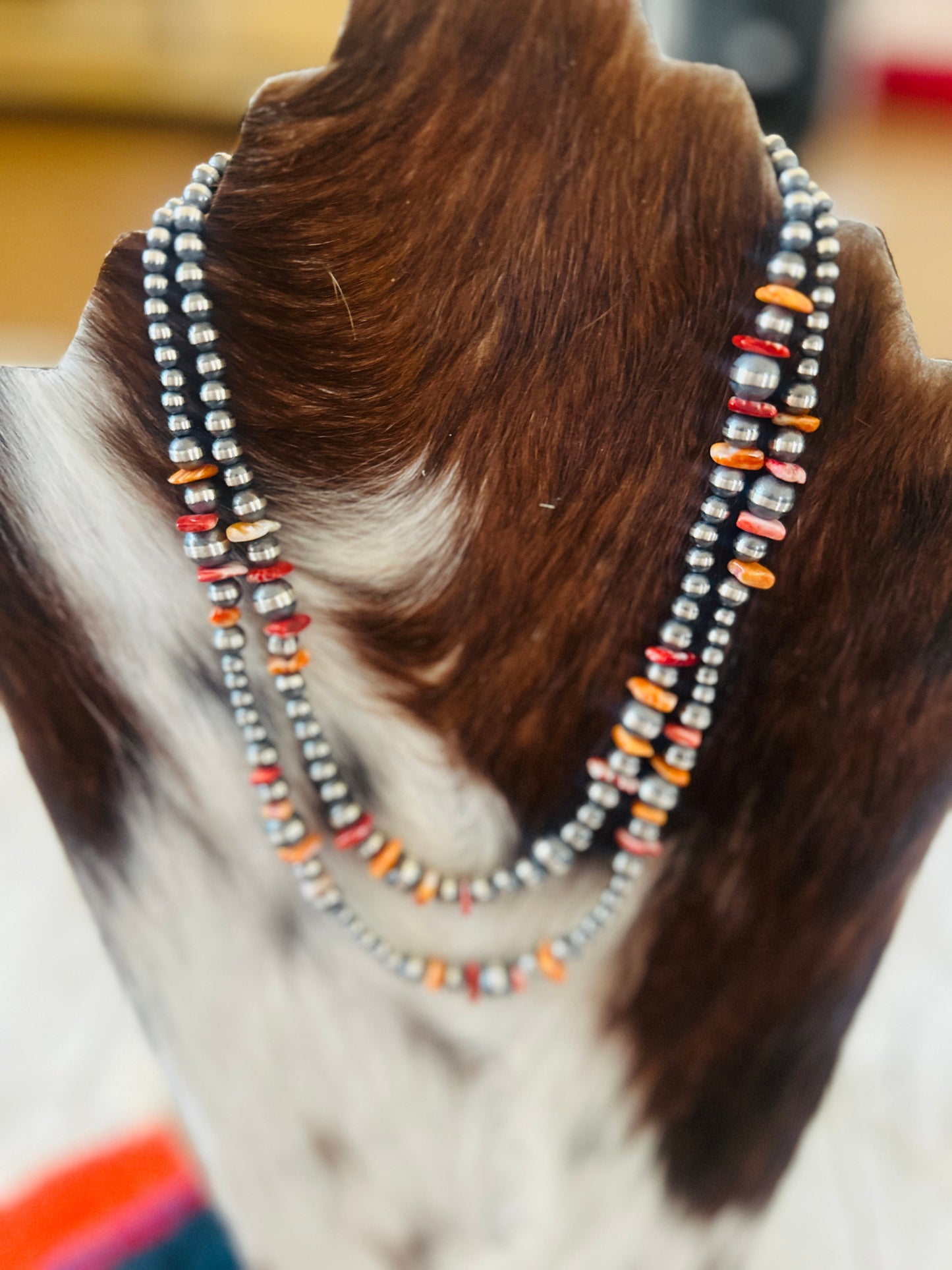Navajo Sterling Silver & Spiny Oyster Beaded Necklace