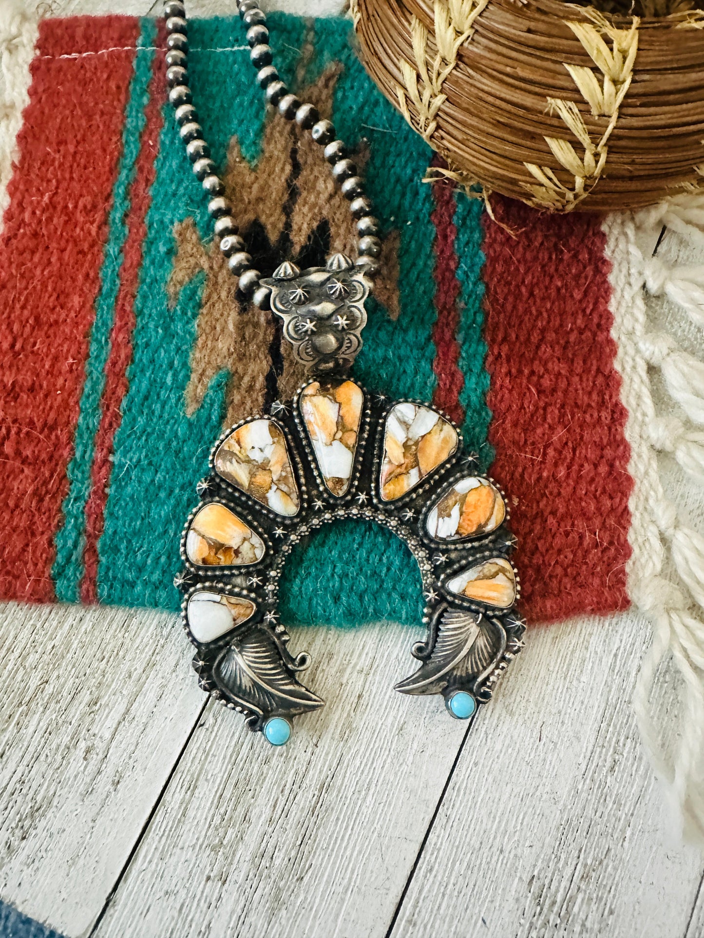 Navajo Sterling Silver, Spice & Turquoise Naja Pendant by Shawn Cayatineto
