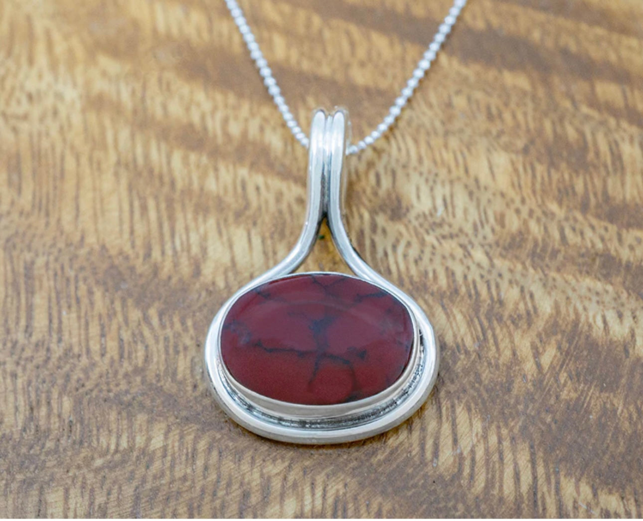 Red Jasper Oval in Wire Frame Pendant Necklace