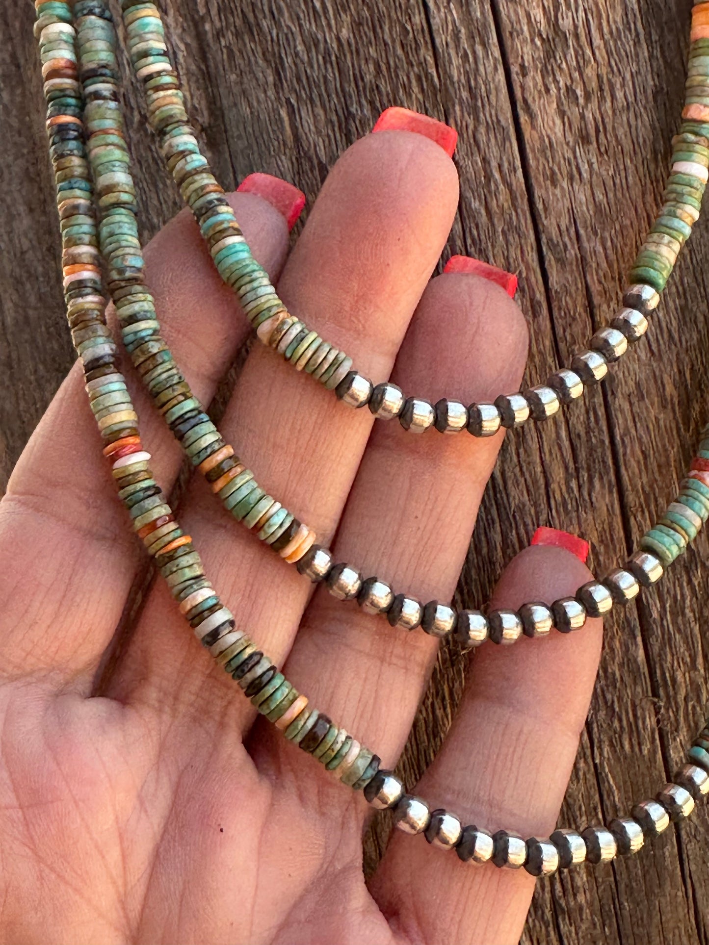 Navajo Kingman Turquoise & Spiny Sterling Silver 5mm Beaded Necklace