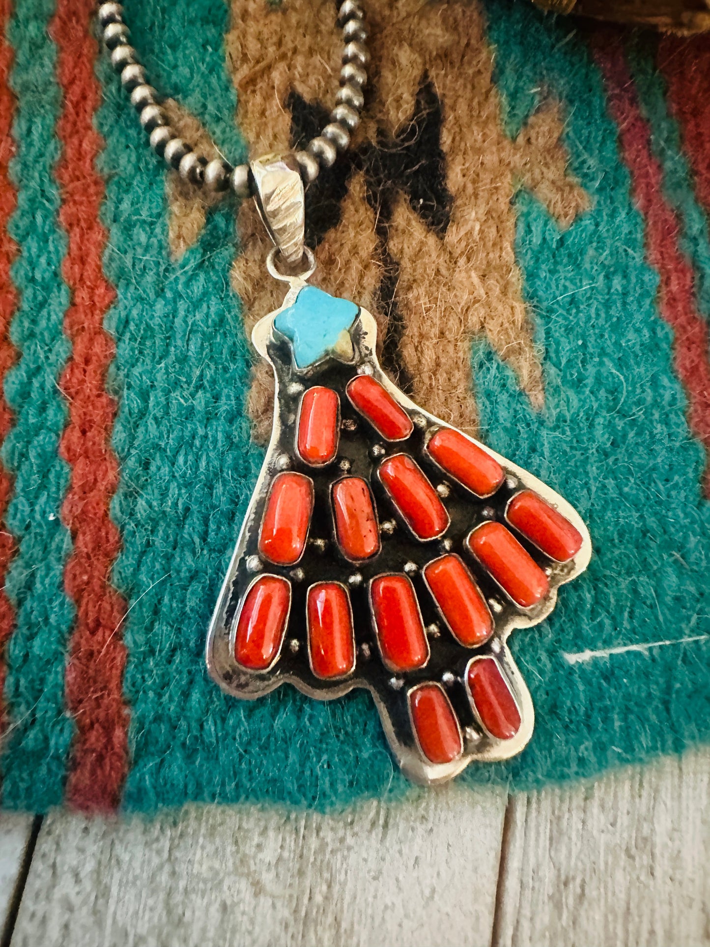 ** Christmas Collection ** Handmade Sterling Silver, Coral & Turquoise Pendant Signed Nizhoni