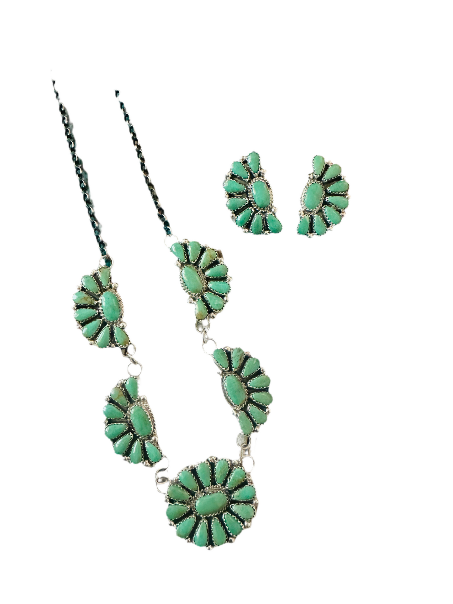 Navajo Sterling Silver & Turquoise Cluster Necklace and Earring Set