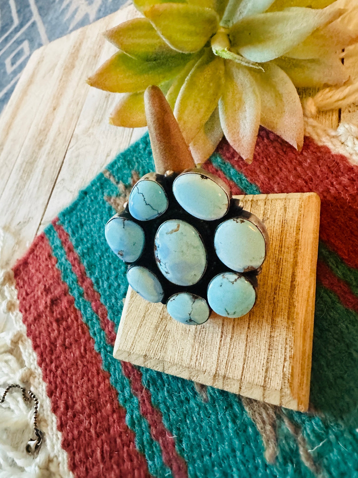 Navajo Golden Hills Turquoise & Sterling Silver Cluster Ring Size 7.5