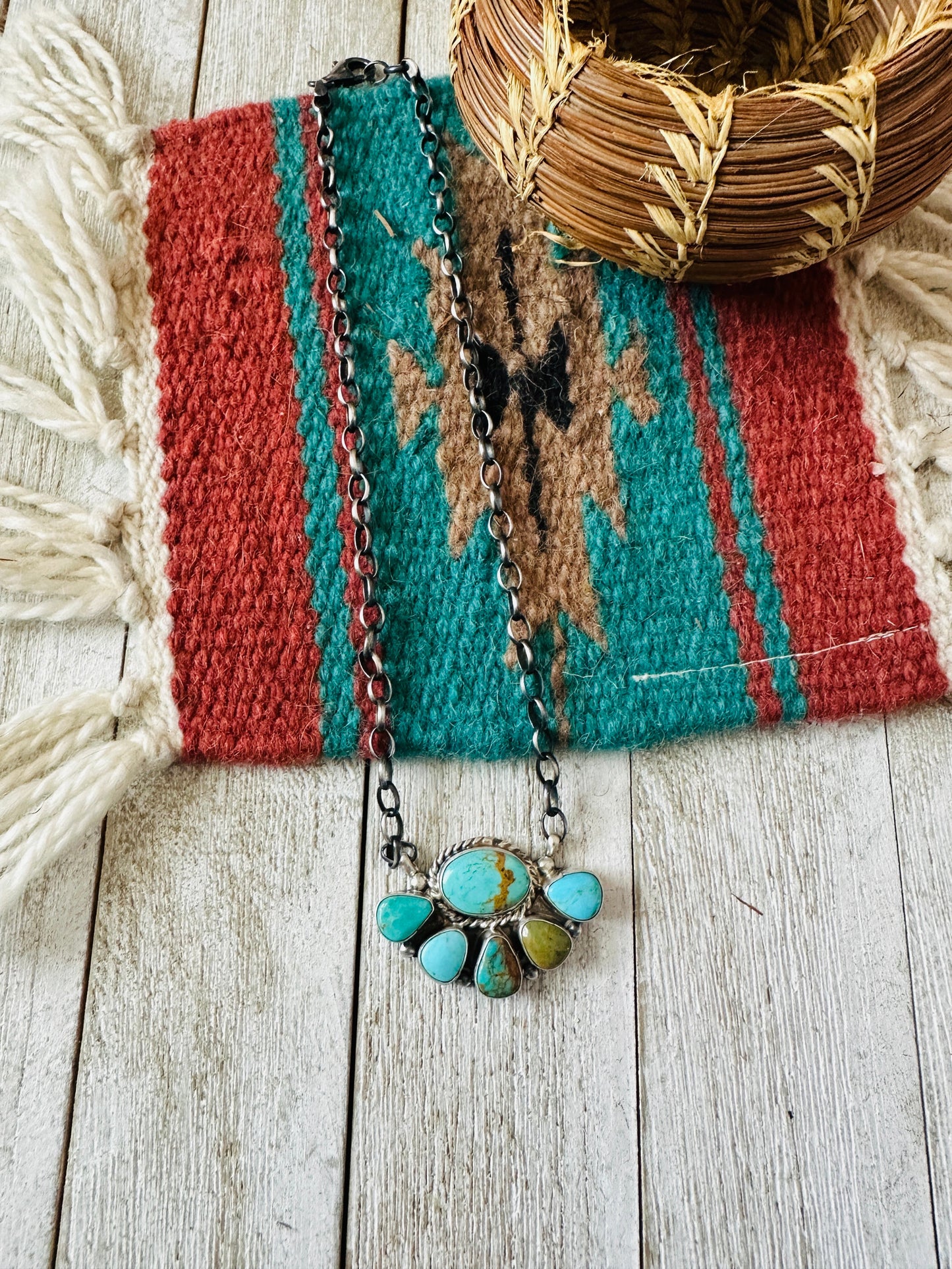 Navajo Sterling Silver & Turquoise Cluster Necklace by Elouise Kee
