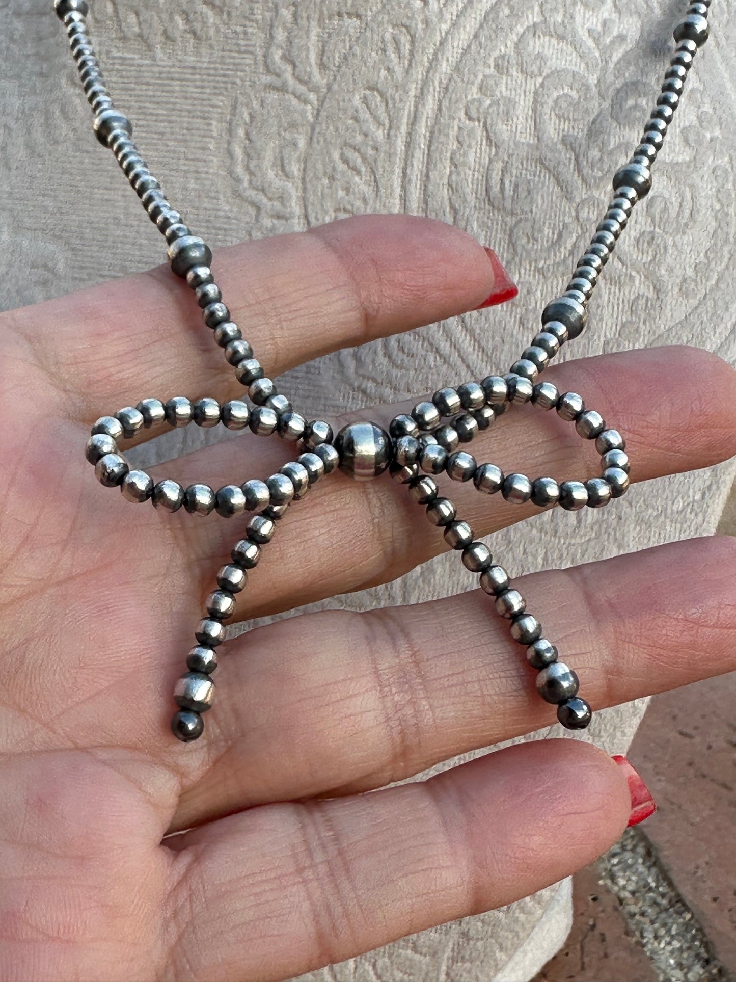 Navajo Made 4-6mm Sterling Silver Pearl Beaded Bow Tie Necklaces