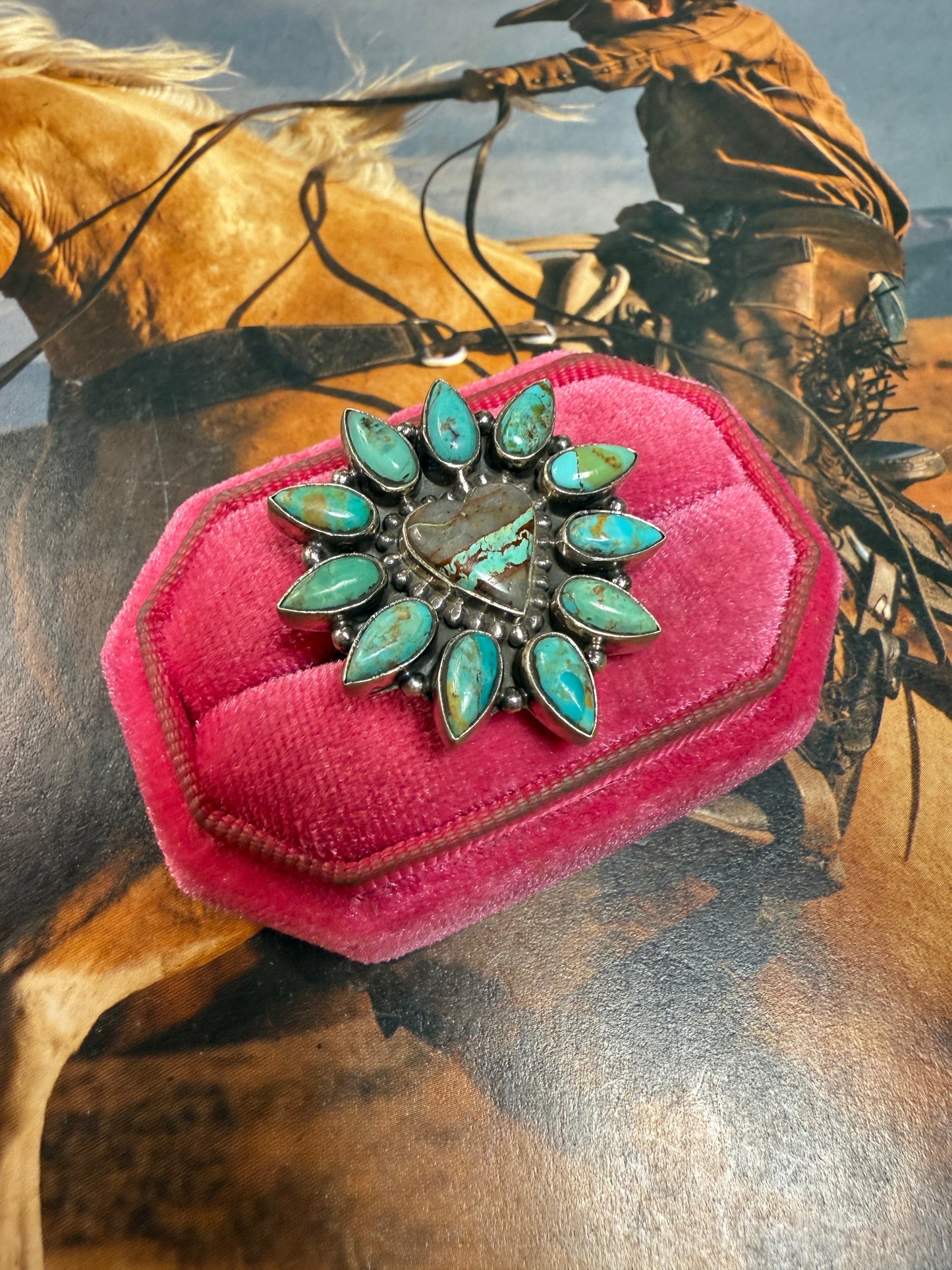 Handmade Sterling Silver, Kingman Turquoise, Ribbon Turquoise Adjustable Heart Ring