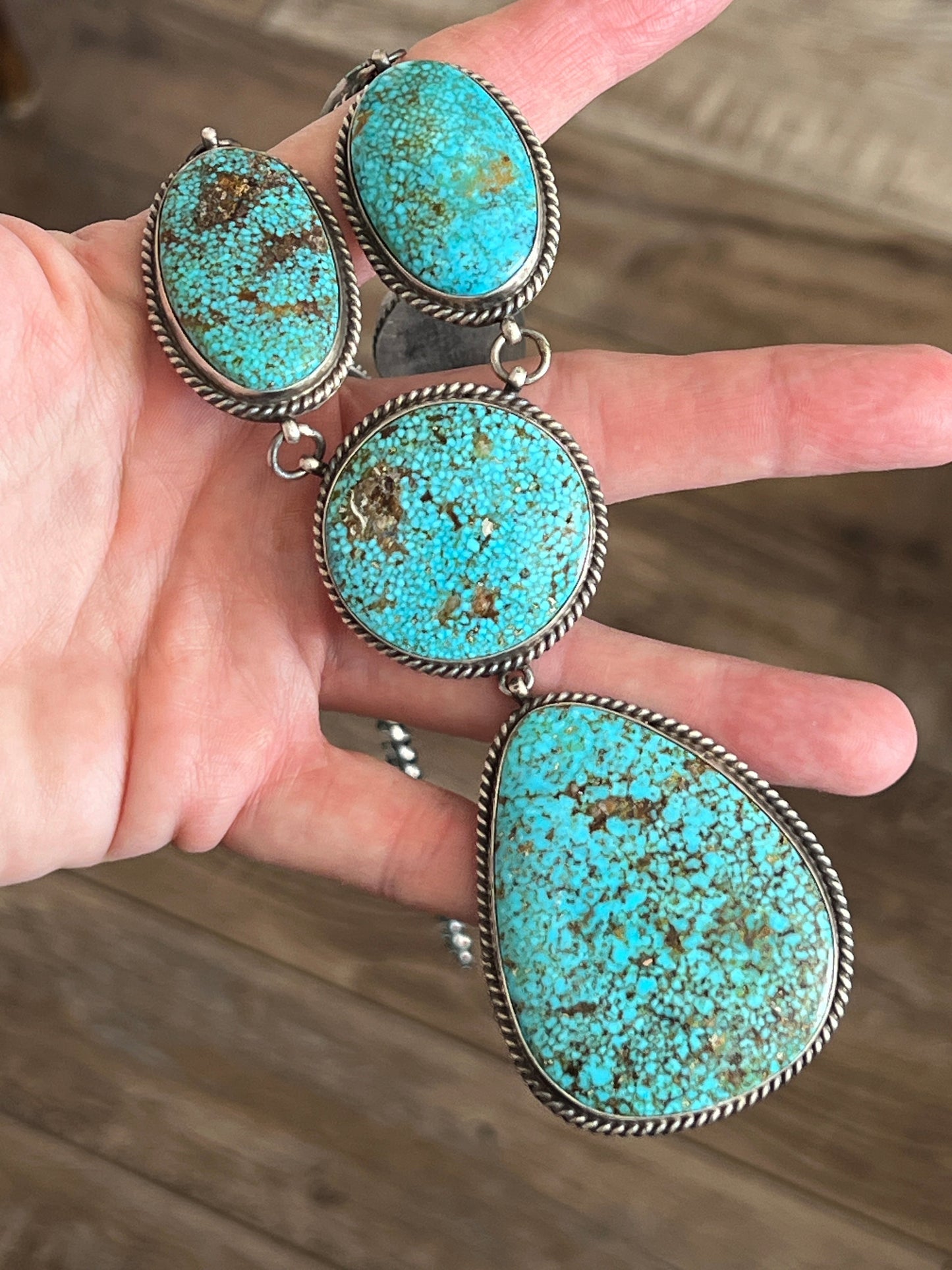 Navajo Sterling Silver and Birdseye Kingman Turquoise Y-Style Lariat Necklace and Earrings Set by Peggy Skeets