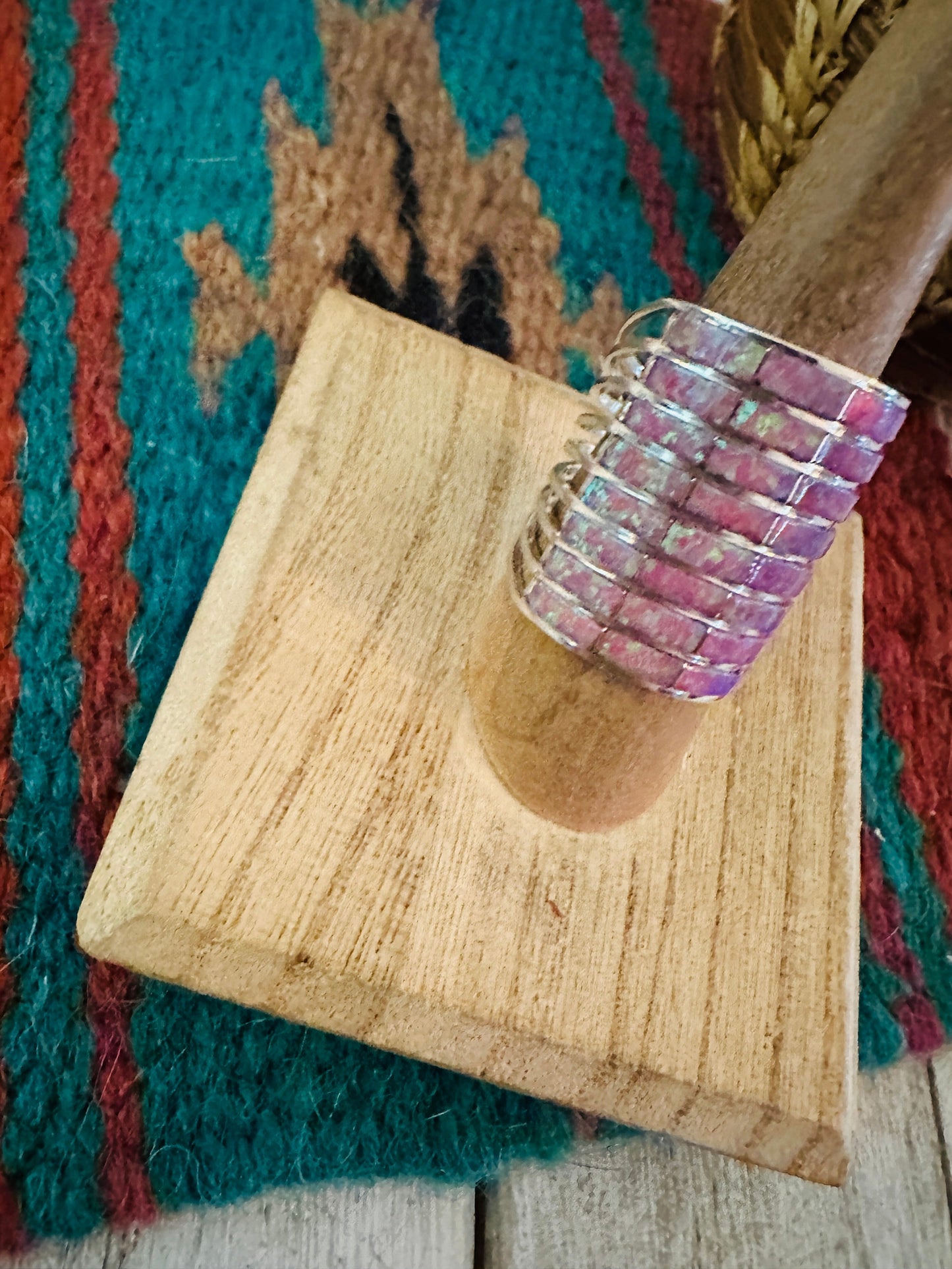Zuni Sterling Silver & Pink Opal Inlay Band Ring