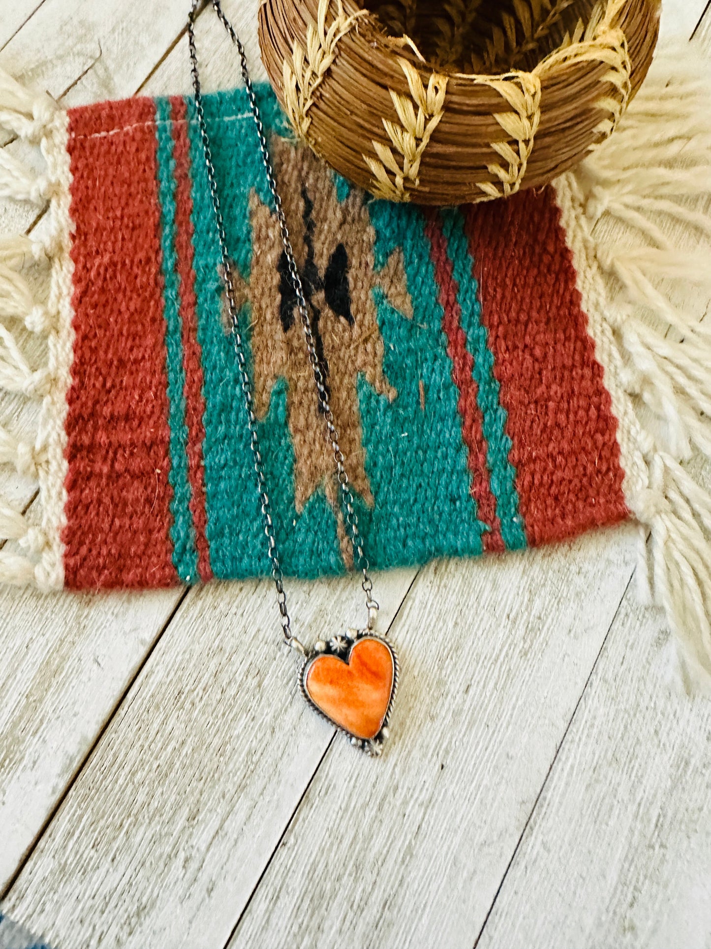 Navajo Sterling Silver & Orange Spiny Heart Necklace