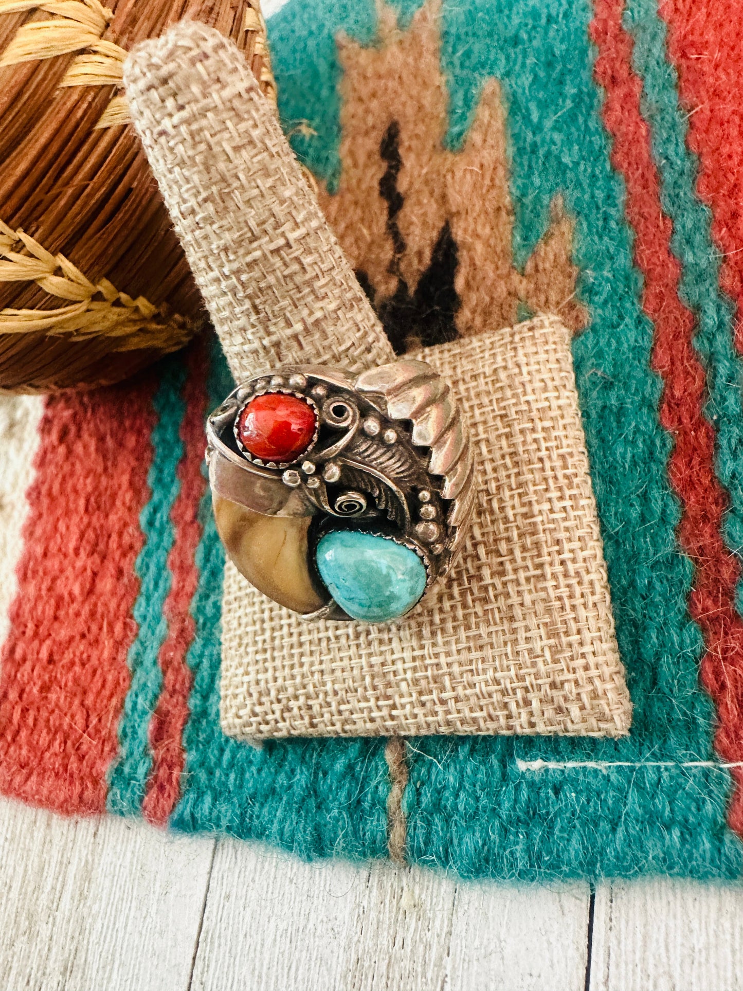 Old Pawn Navajo Sterling Silver, Turquoise & Coral Ring Size 11.5