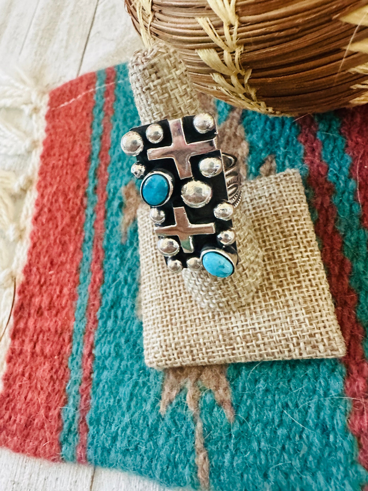 Navajo Turquoise & Sterling Silver Cross Ring Chimney Butte Size 8