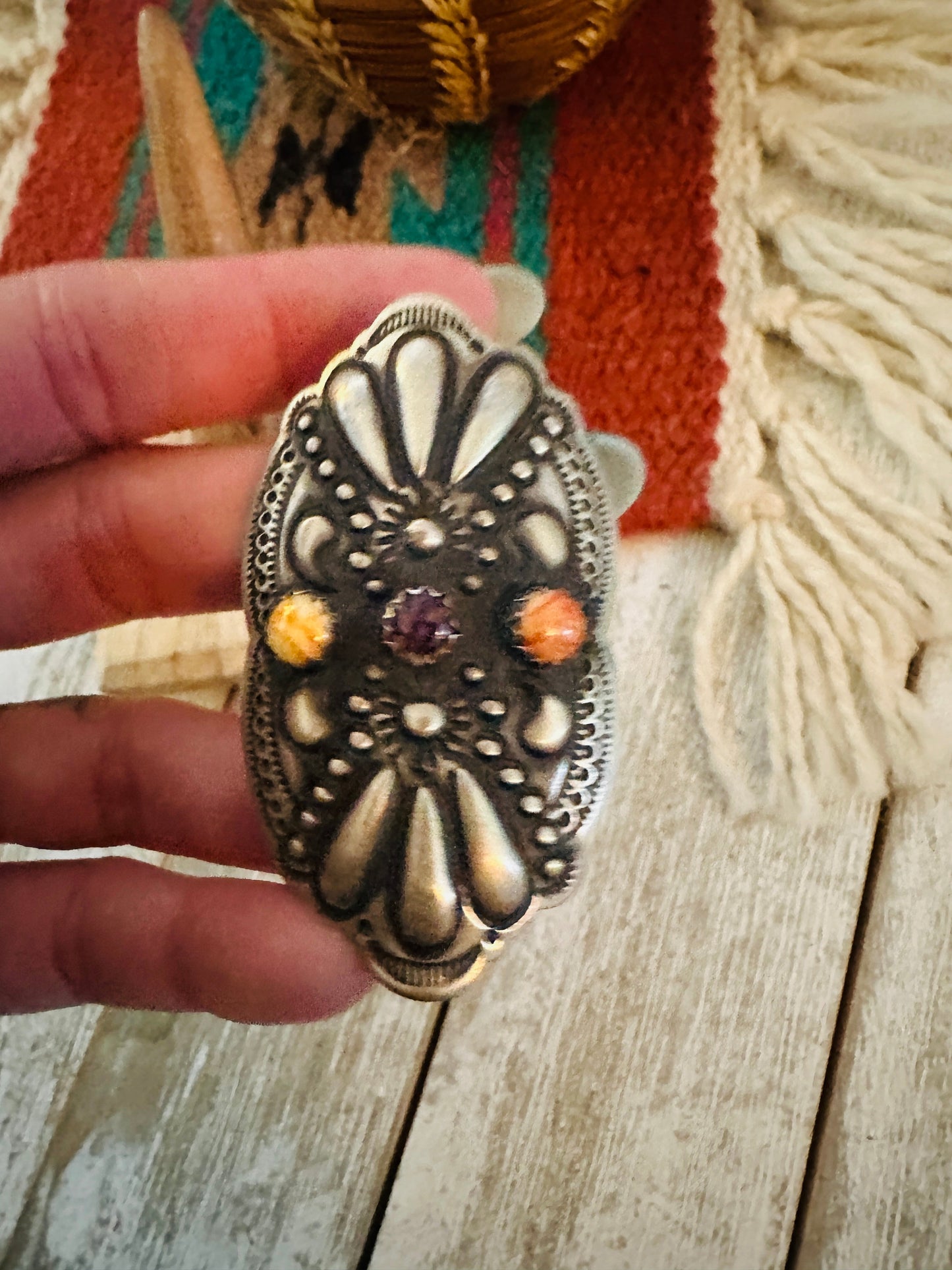 Navajo Spiny Oyster & Sterling Silver Adjustable Ring by Leander Tahe