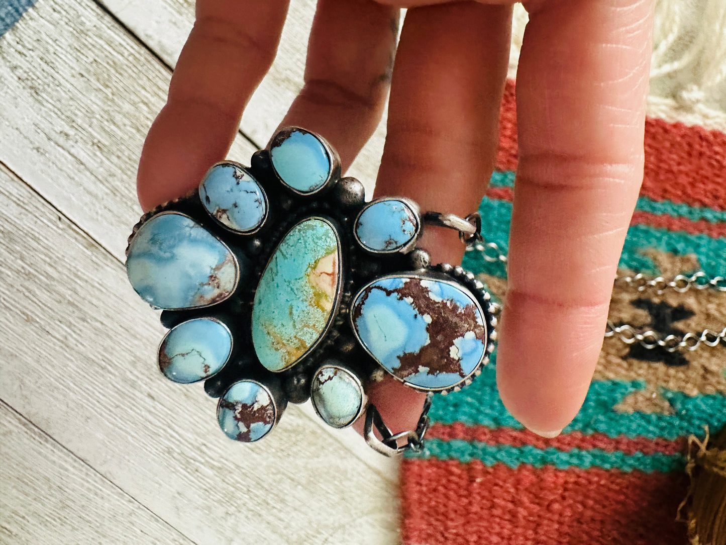Navajo Sterling Silver & Golden Hills Turquoise Cluster Necklace