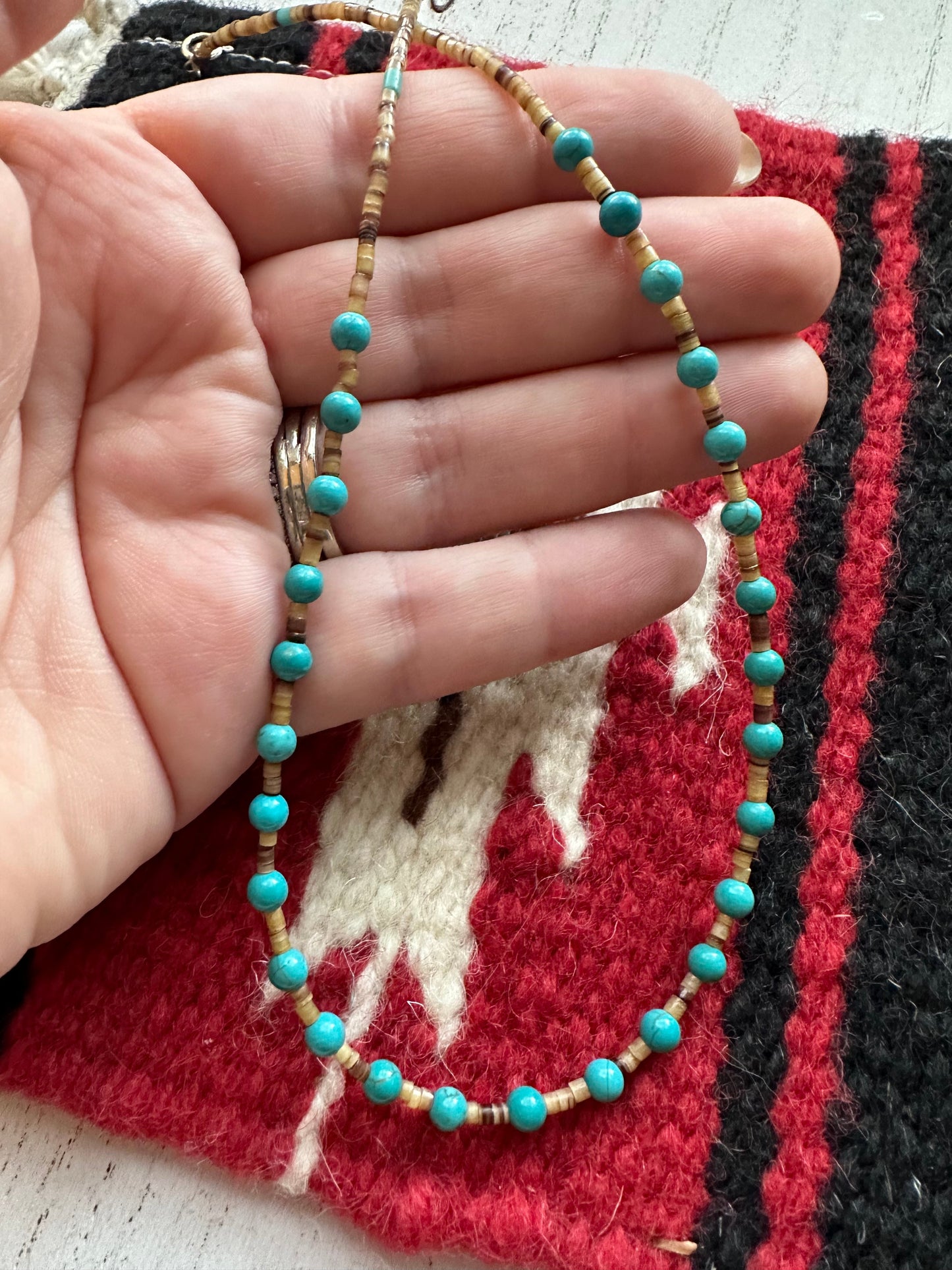Navajo Turquoise And Heishi Beaded Necklace 16”
