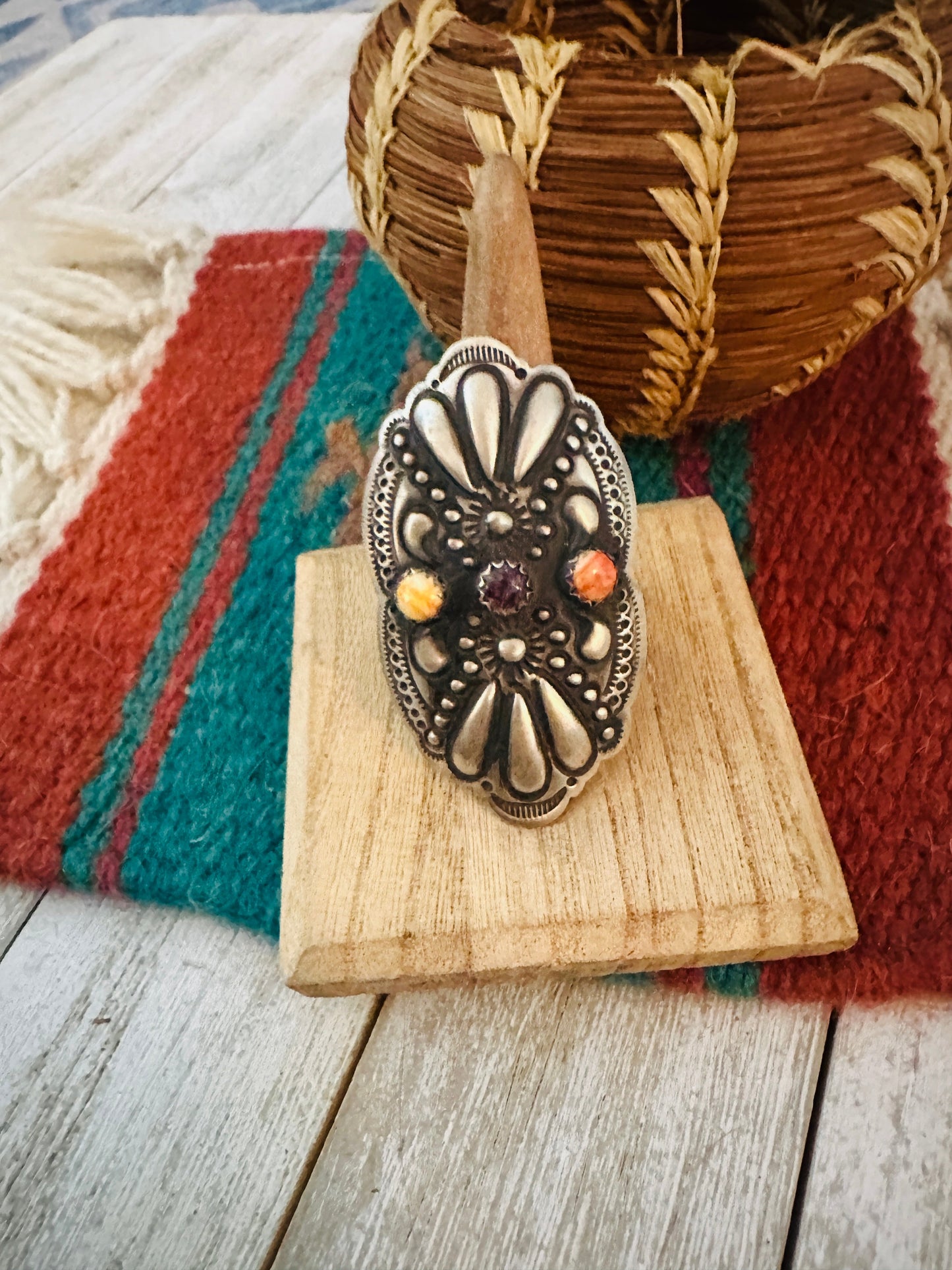 Navajo Spiny Oyster & Sterling Silver Adjustable Ring by Leander Tahe
