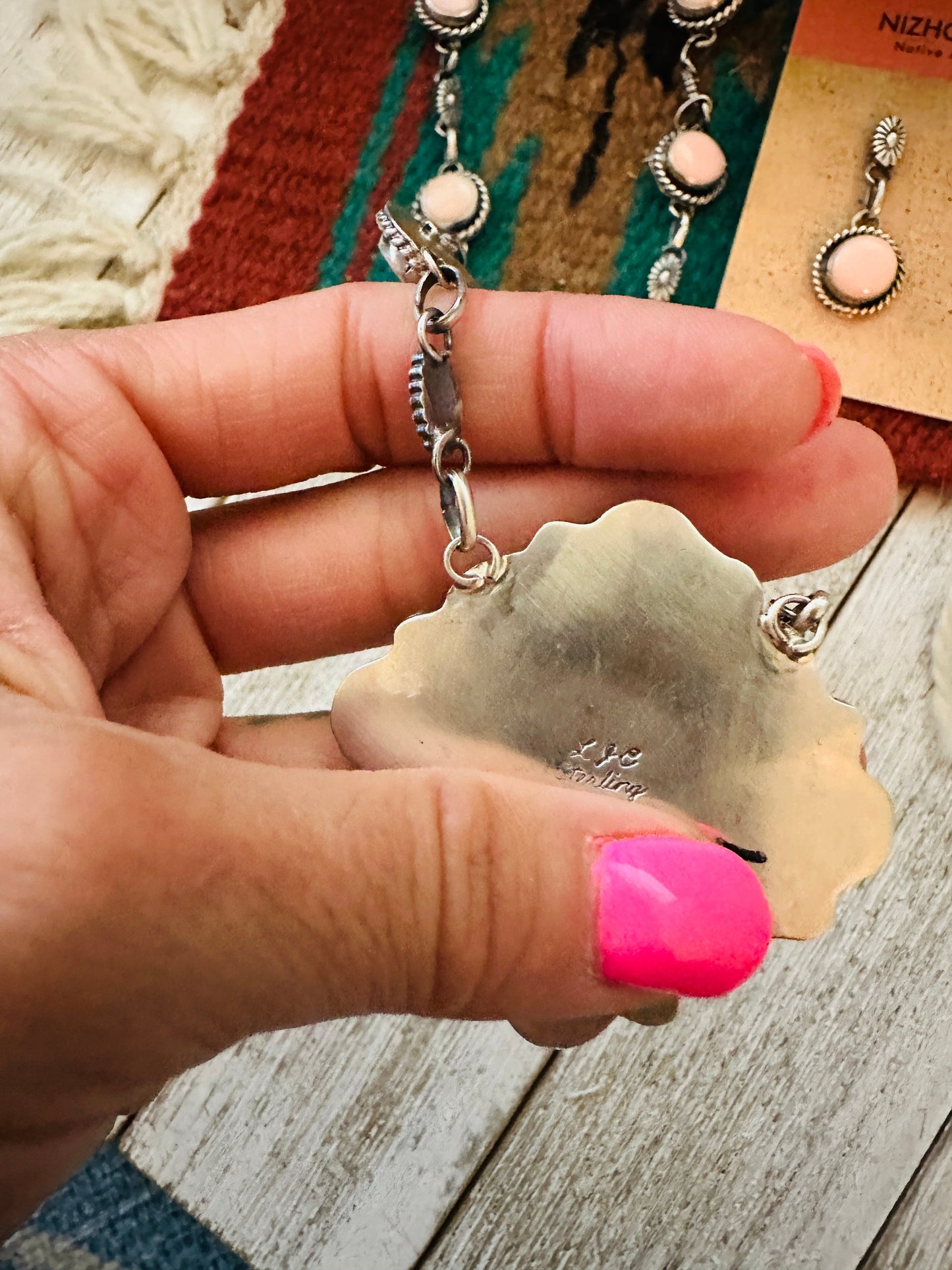 Navajo Queen Pink Conch & Sterling Silver Cluster Necklace Set