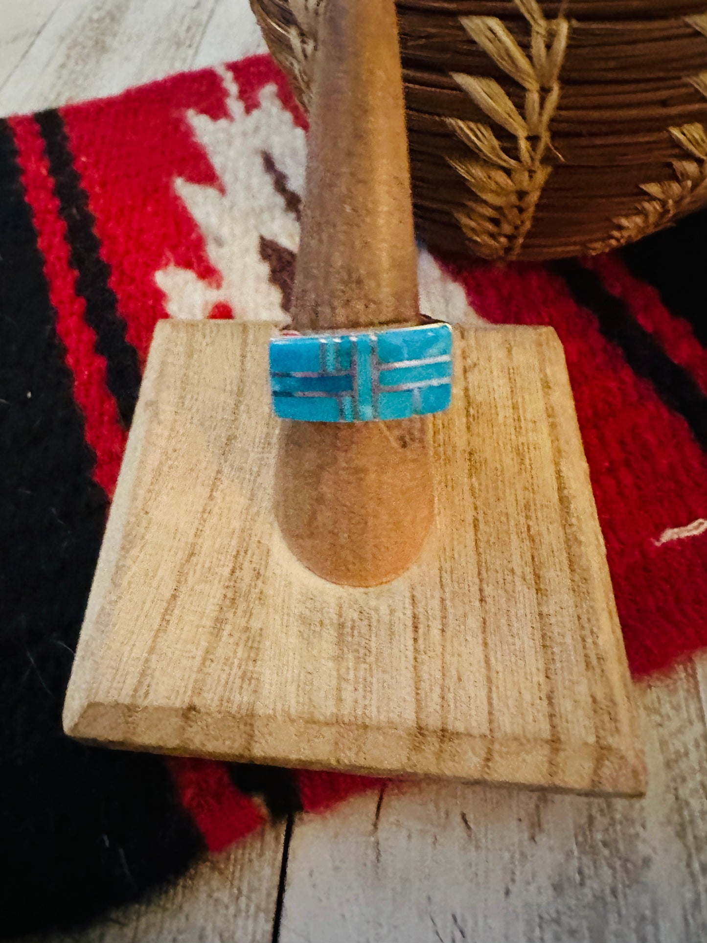 Navajo Turquoise & Sterling Silver Inlay Ring Size 6.75 by Julia Etsitty