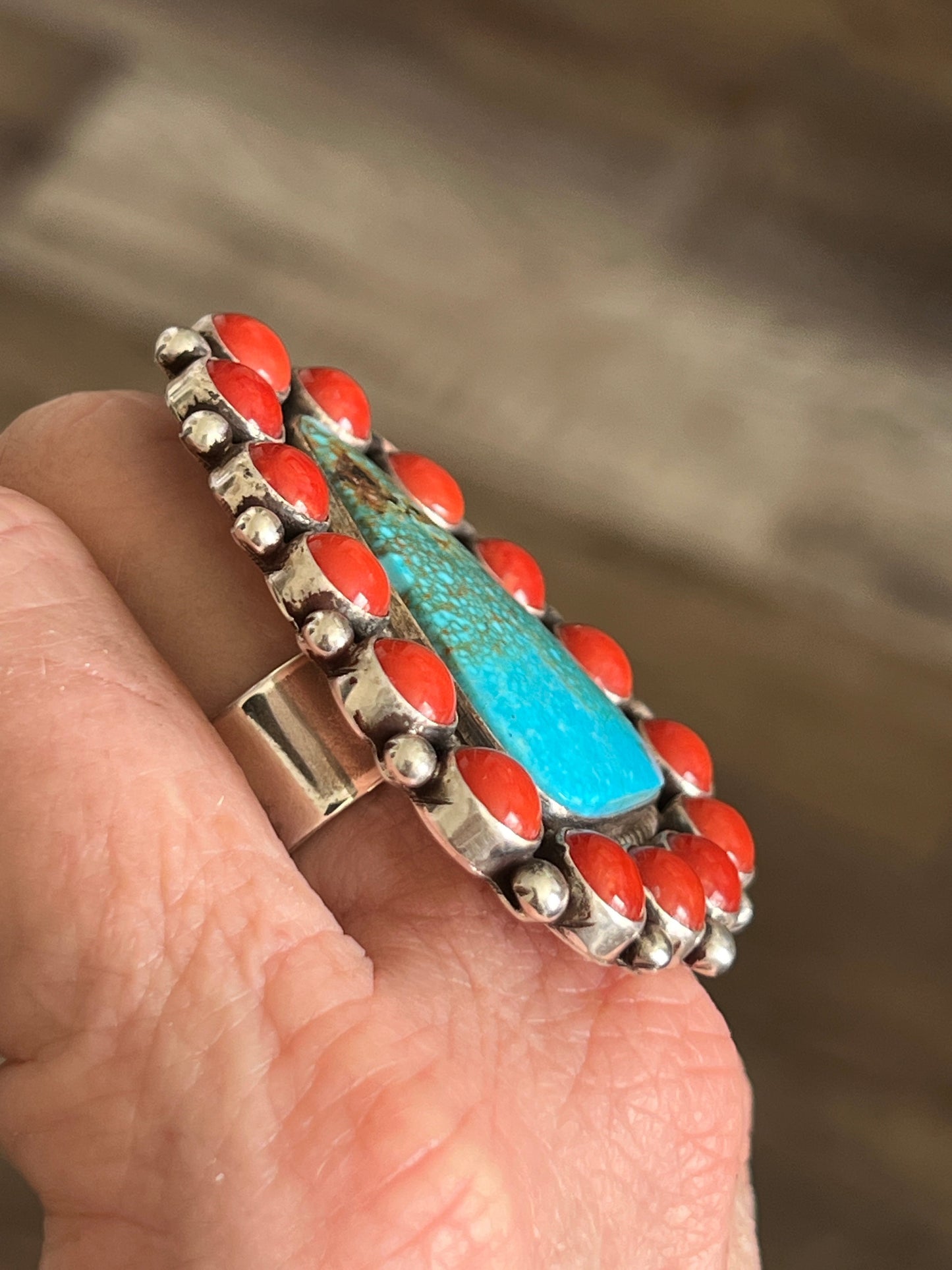 Navajo Sterling Silver, Kingman Turquoise and Mediterranean Coral Cluster Ring By Tyler Brown, Adjustable
