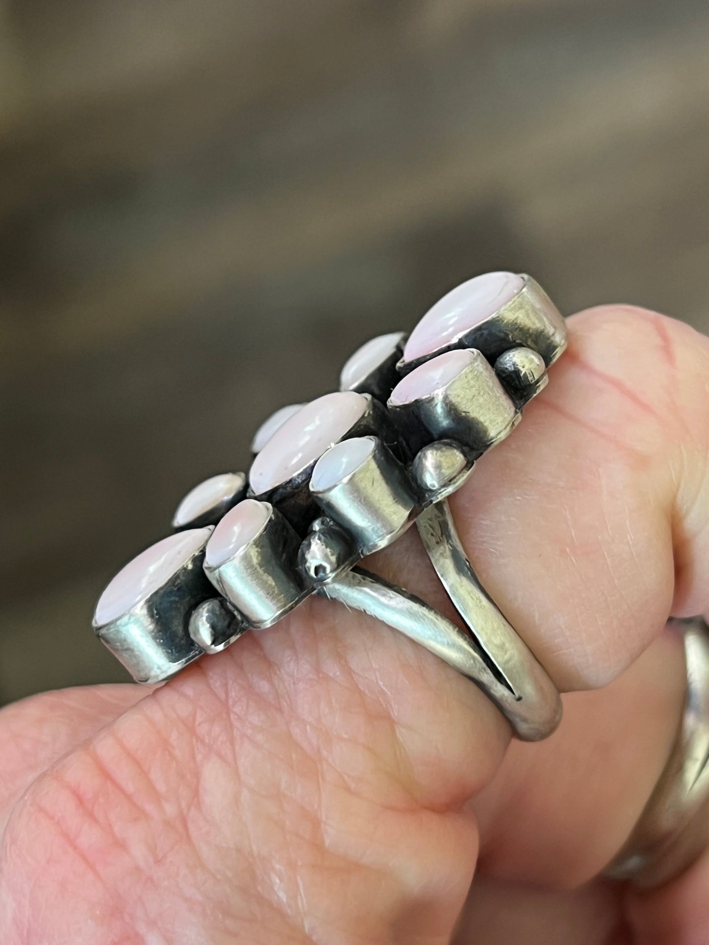 Navajo Sterling Silver and Queen Pink Conch Shell Cluster Ring by Travis Jim