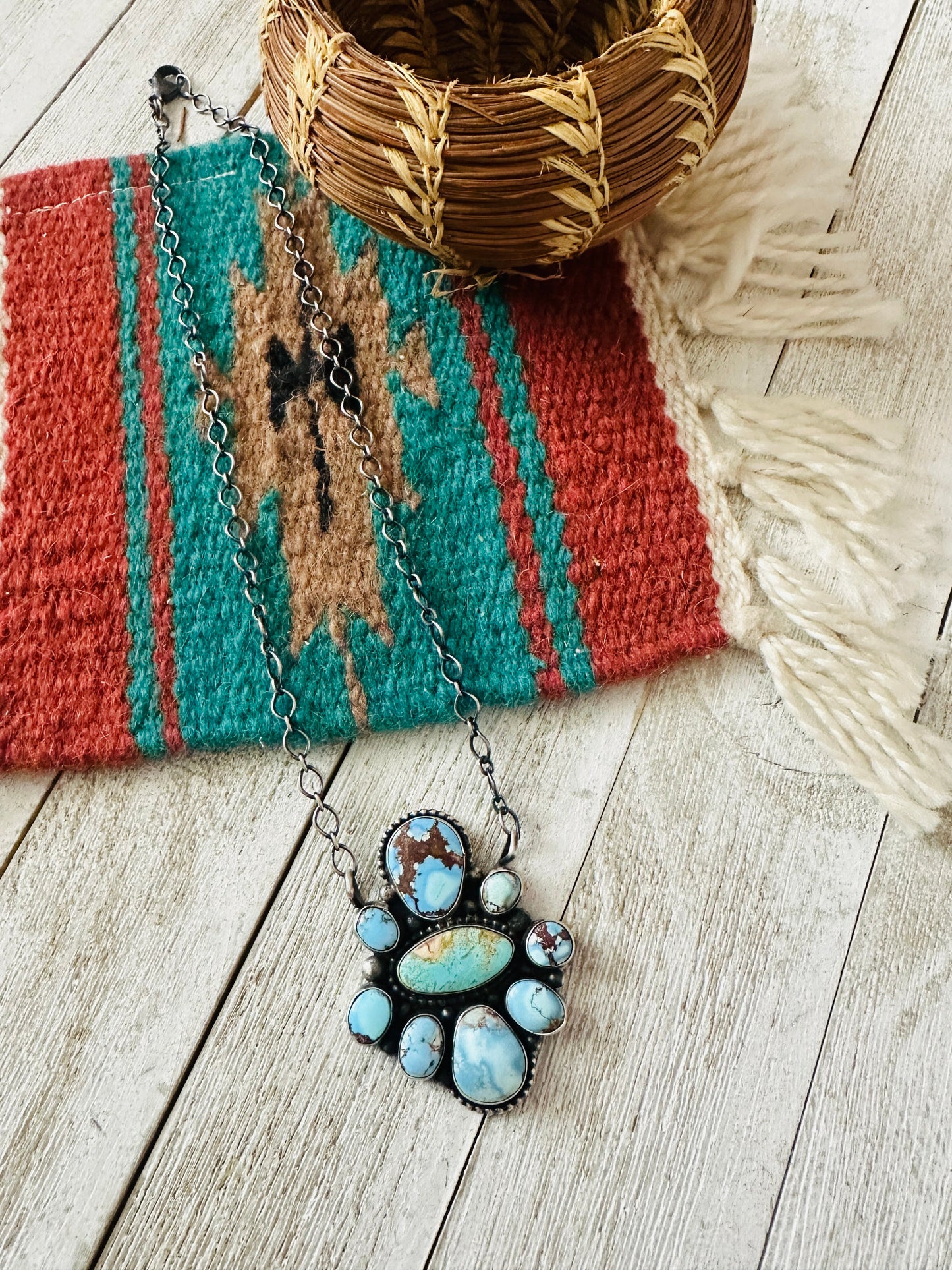 Navajo Sterling Silver & Golden Hills Turquoise Cluster Necklace