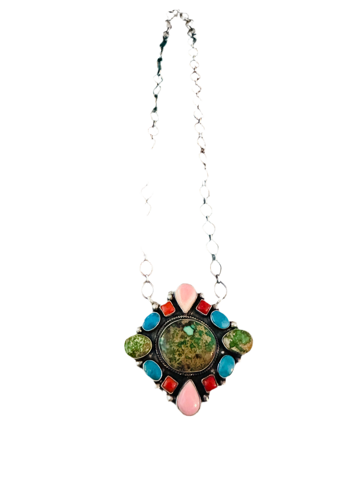 Navajo Sterling Silver & Multi Stone Cluster Necklace