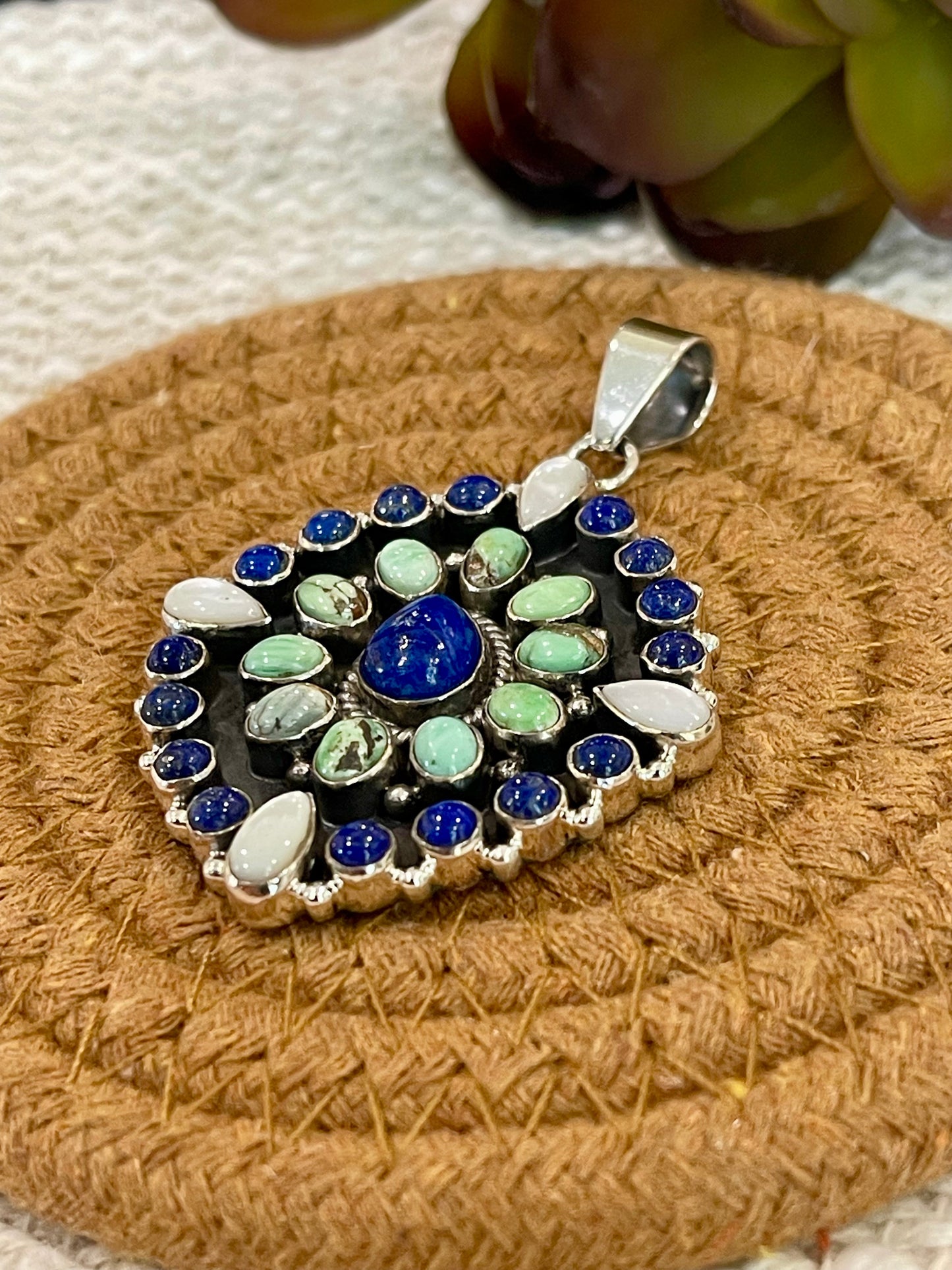 ** 4TH OF JULY ** Handmade Sterling Silver, Lapis & Royston Cluster Pendant with Signed Nizhoni