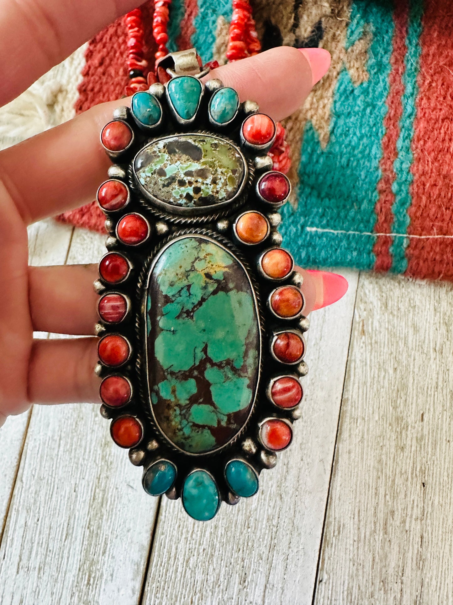 Navajo Sterling Silver, Spiny & Turquoise Cluster Beaded Necklace
