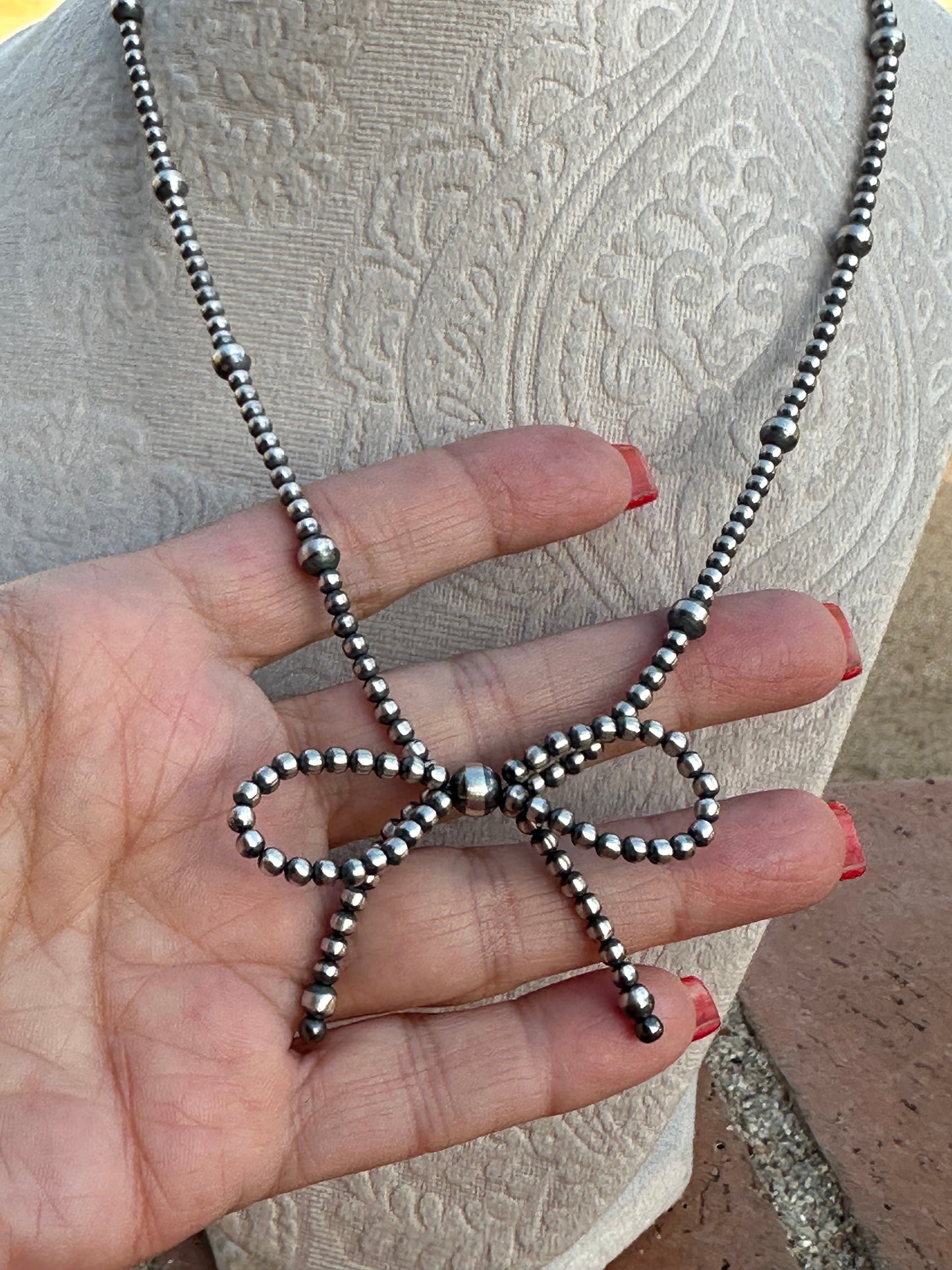 Navajo Made 4-6mm Sterling Silver Pearl Beaded Bow Tie Necklaces