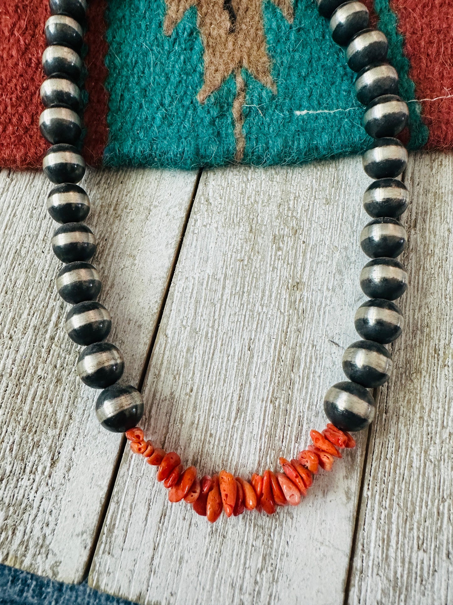 Navajo Sterling Silver Pearl & Spiny Beaded Necklace