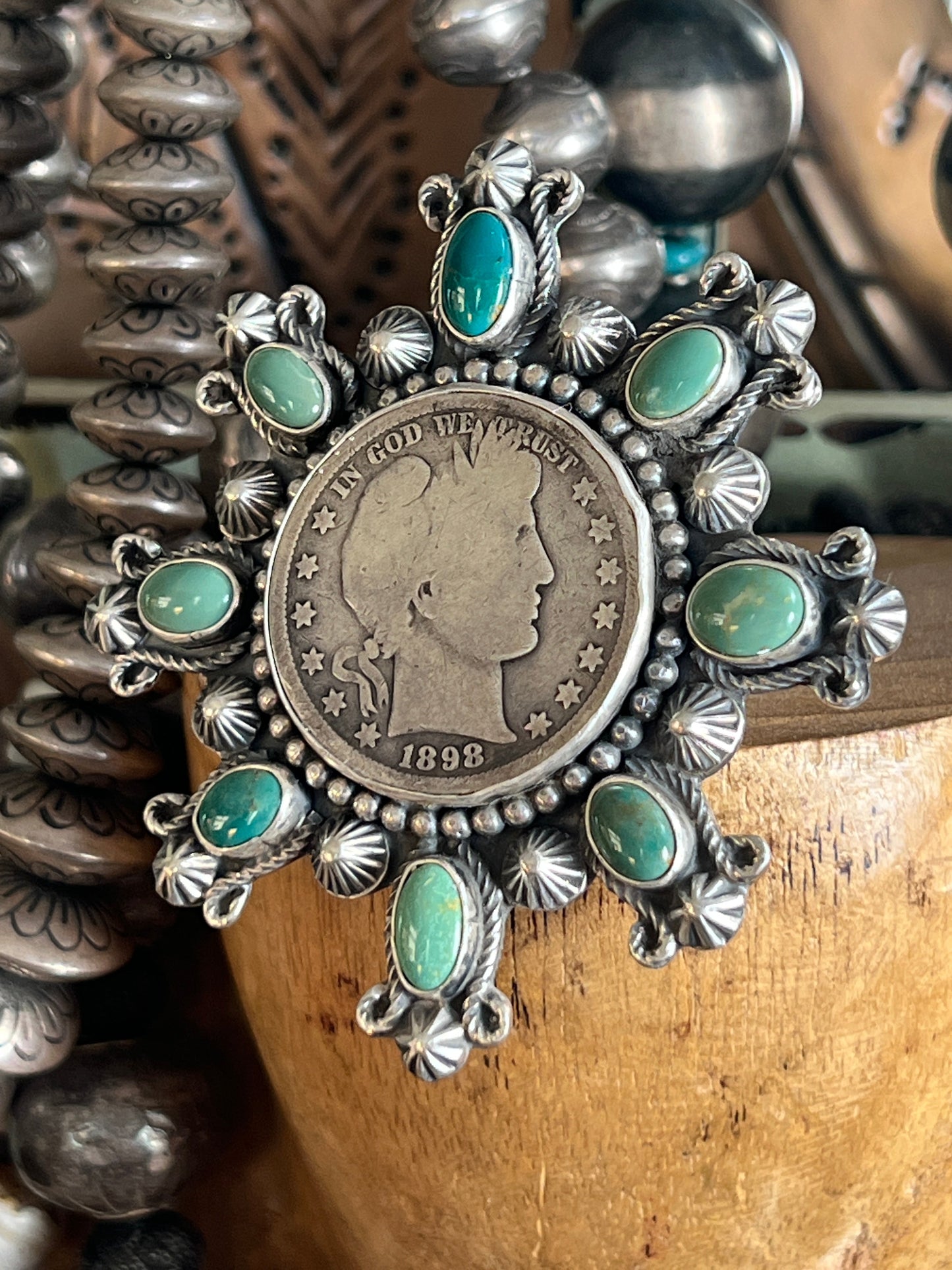 Rosella Paxson Hubei Turquoise and Barber Half Dollar Cluster Ring, Sz 6.5-7