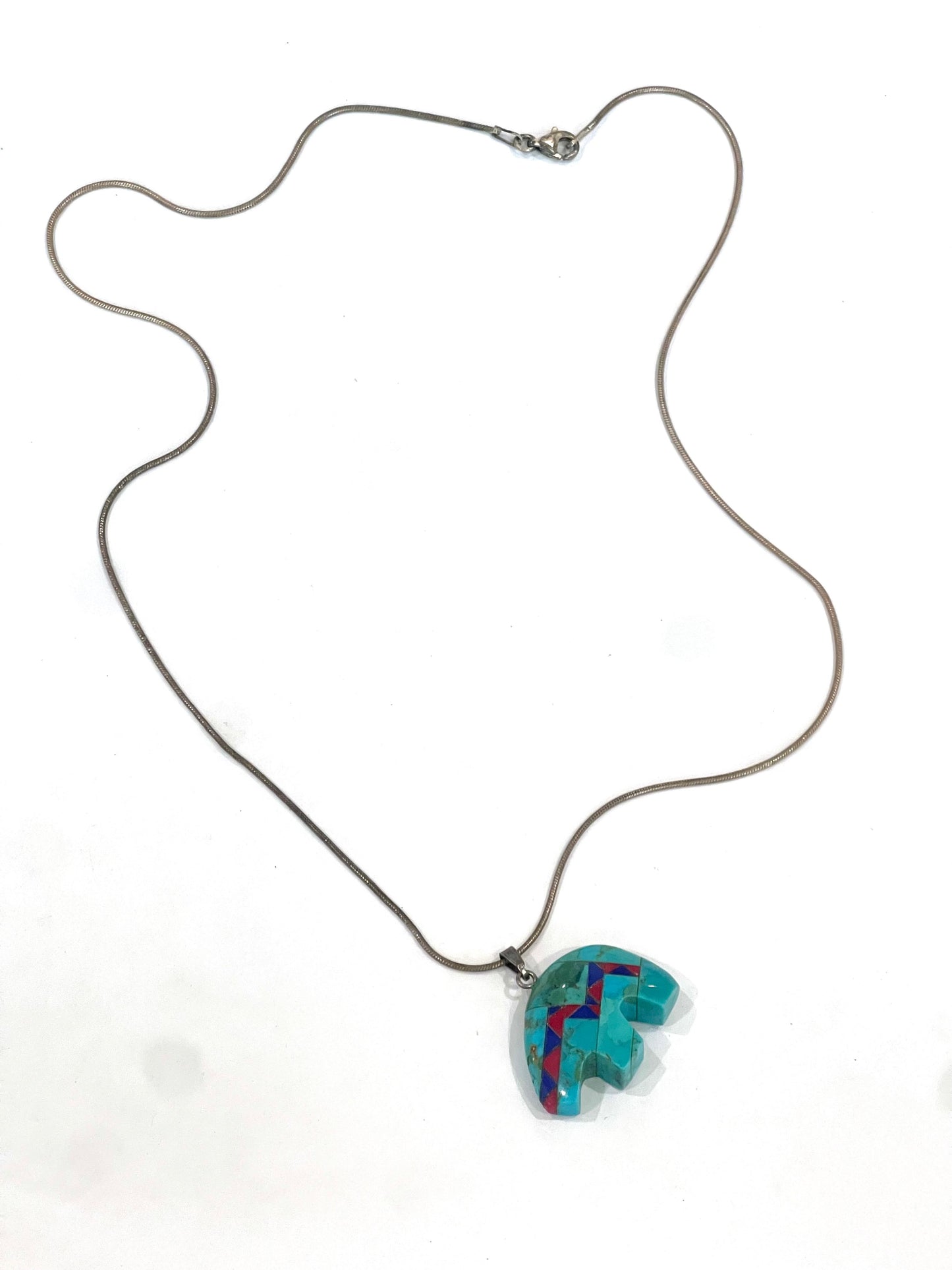 Vintage Old Pawn Turquoise & Multi Stone Bear and Sterling Silver Necklace