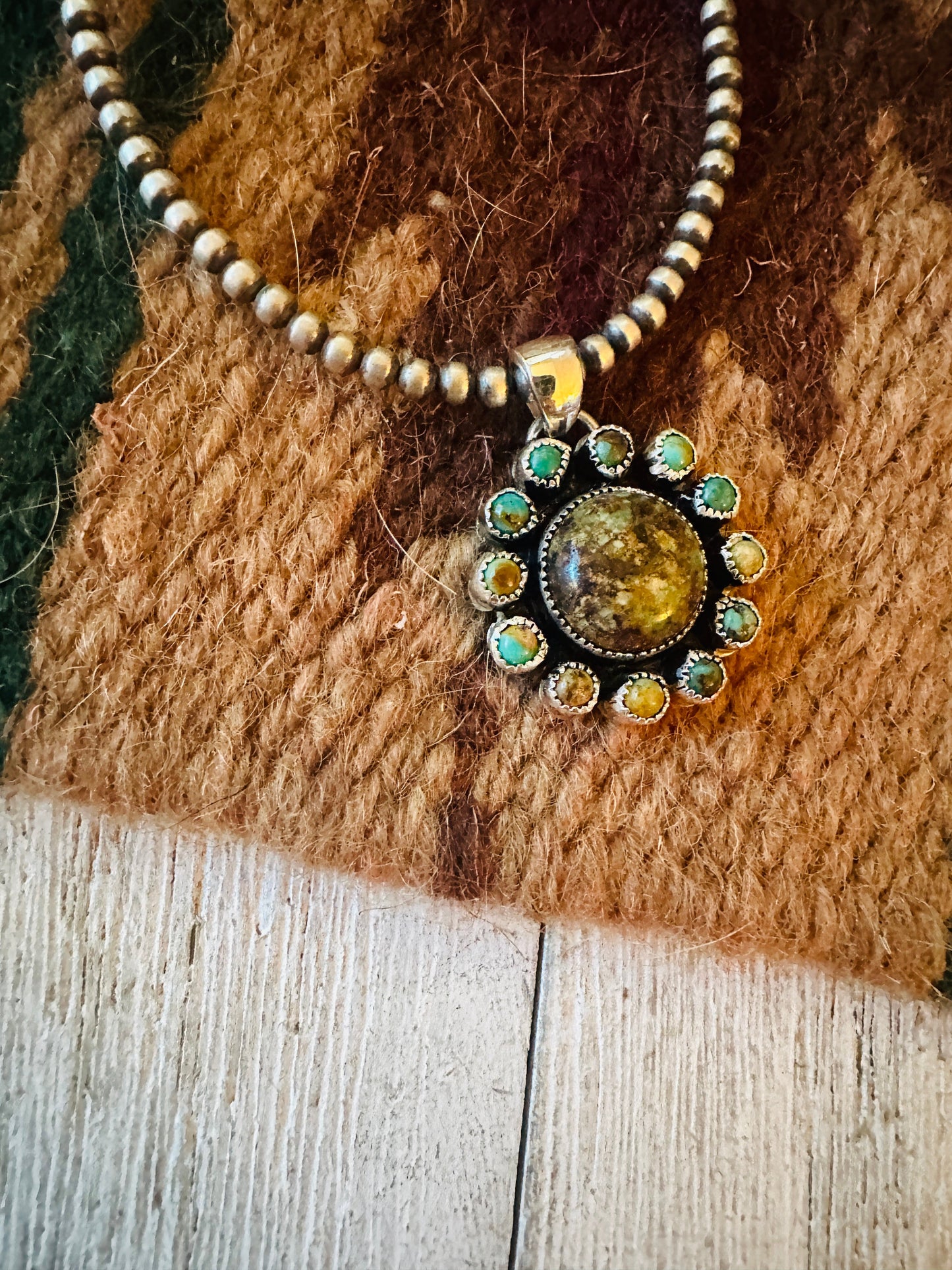 Navajo Turquoise & Sterling Silver Cluster Flower Pendant