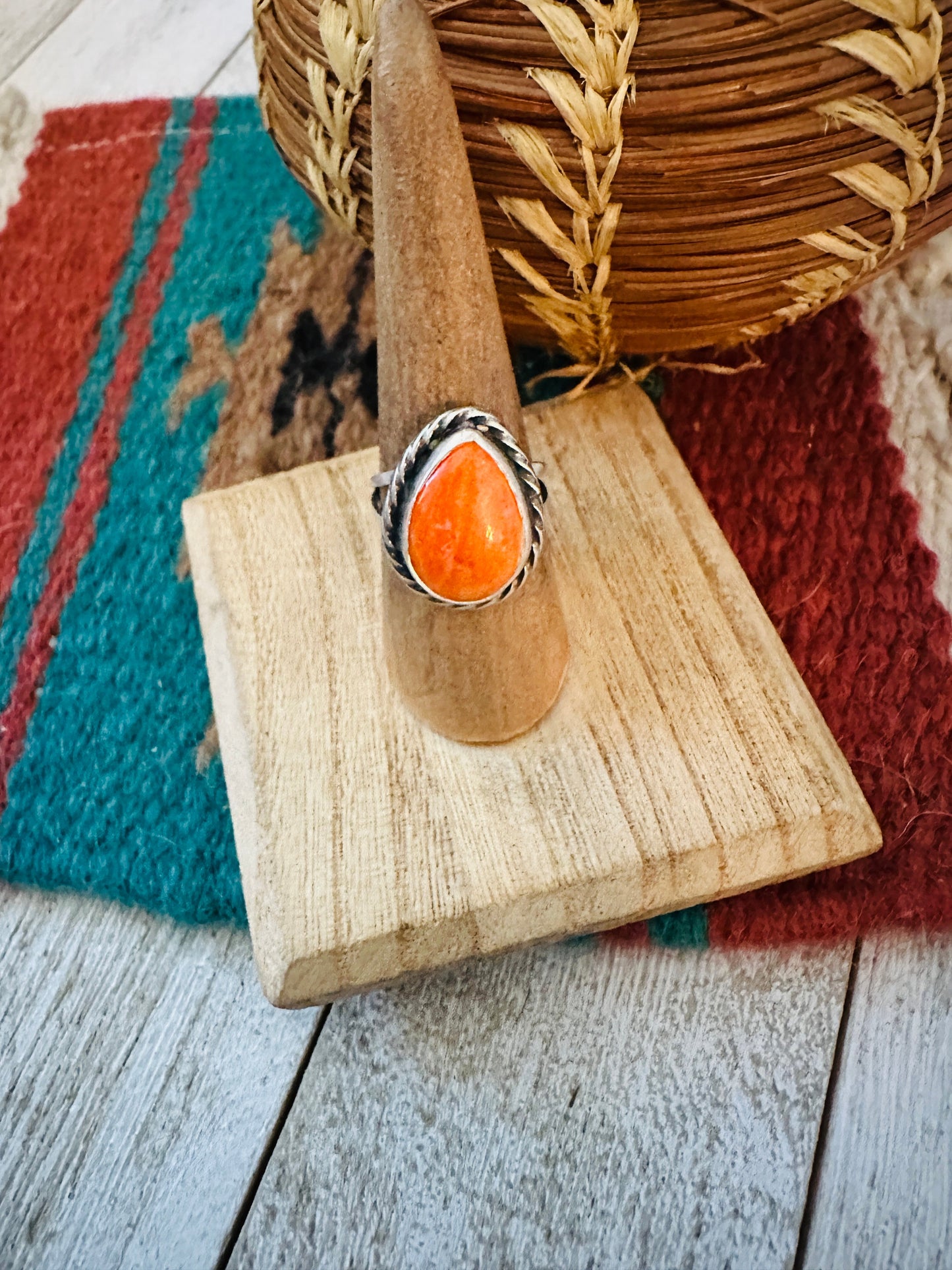 Navajo Orange Spiny Oyster & Sterling Silver Teardrop Ring