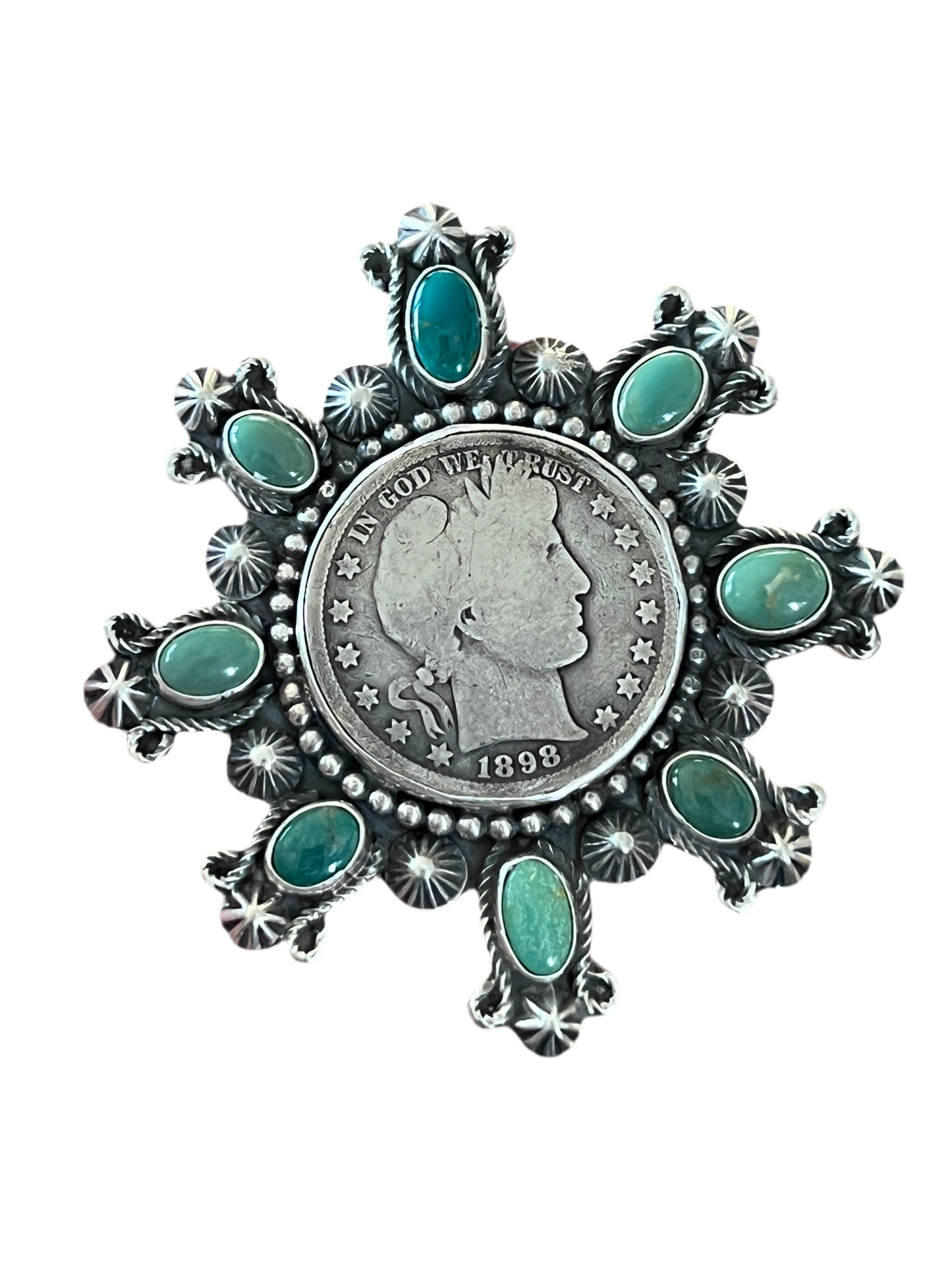 Rosella Paxson Hubei Turquoise and Barber Half Dollar Cluster Ring, Sz 6.5-7