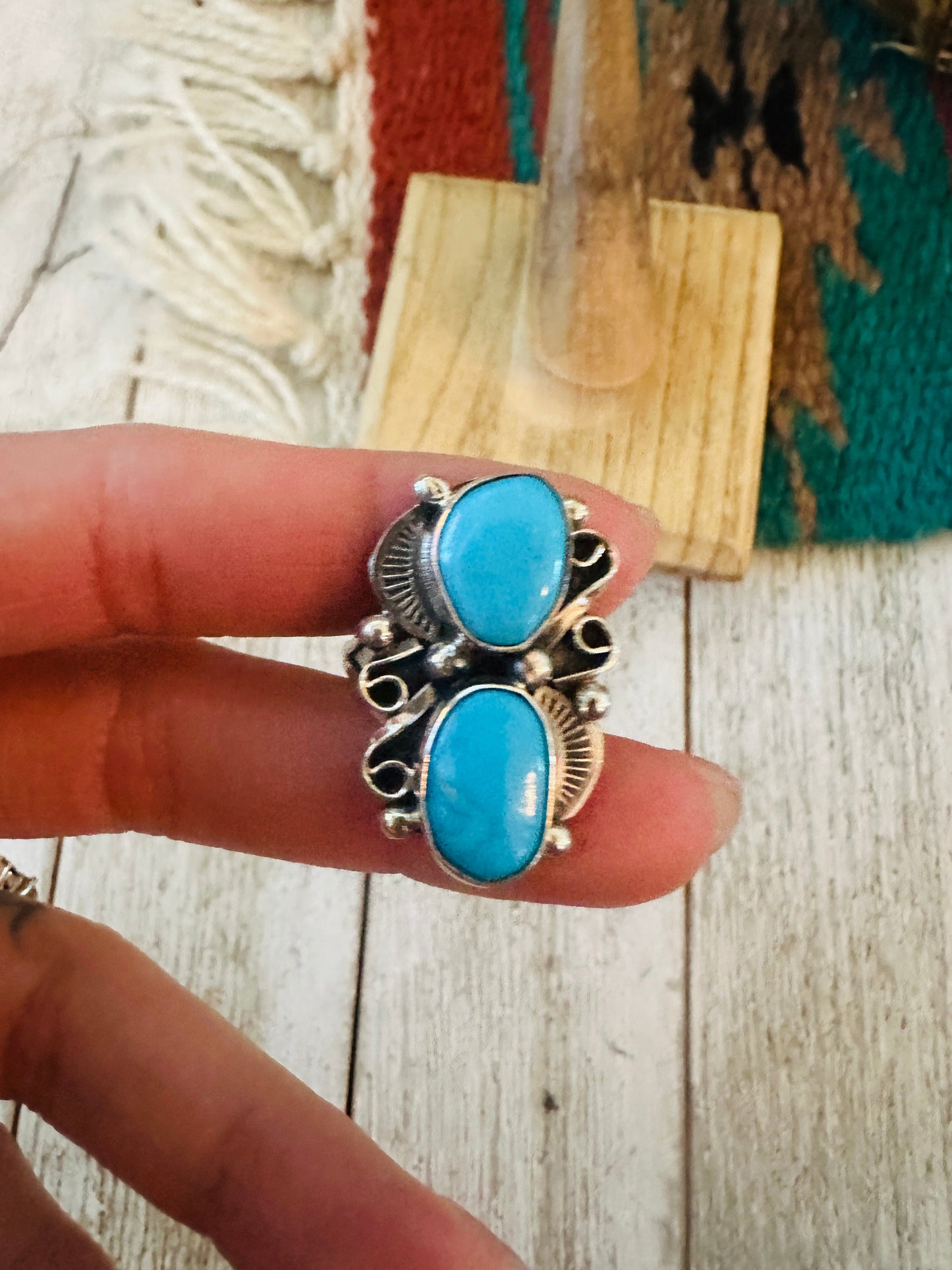Navajo Turquoise & Sterling Silver Two Stone Ring Size 8.5