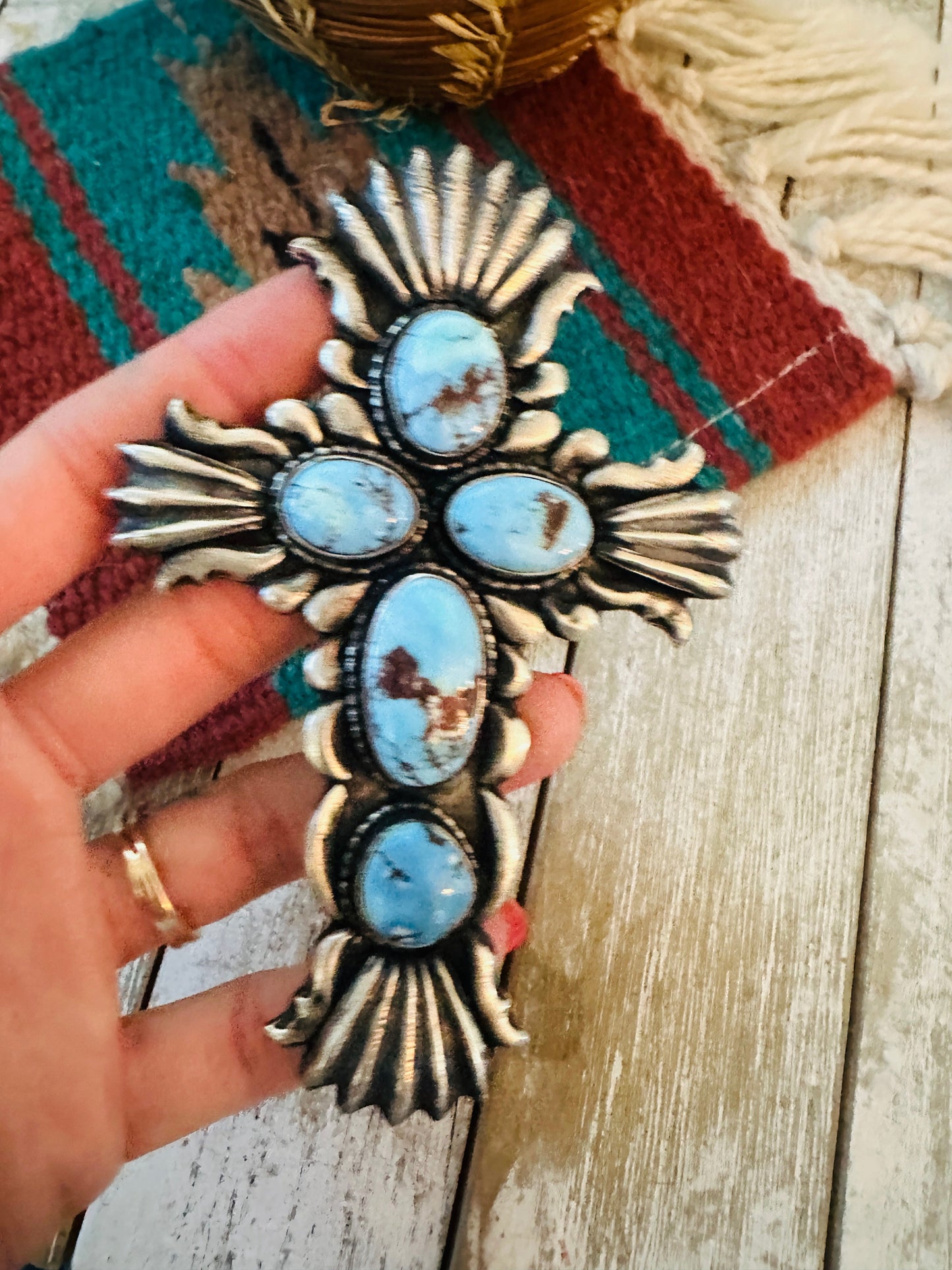 Navajo Golden Hills Turquoise & Sterling Silver Cross Pendant