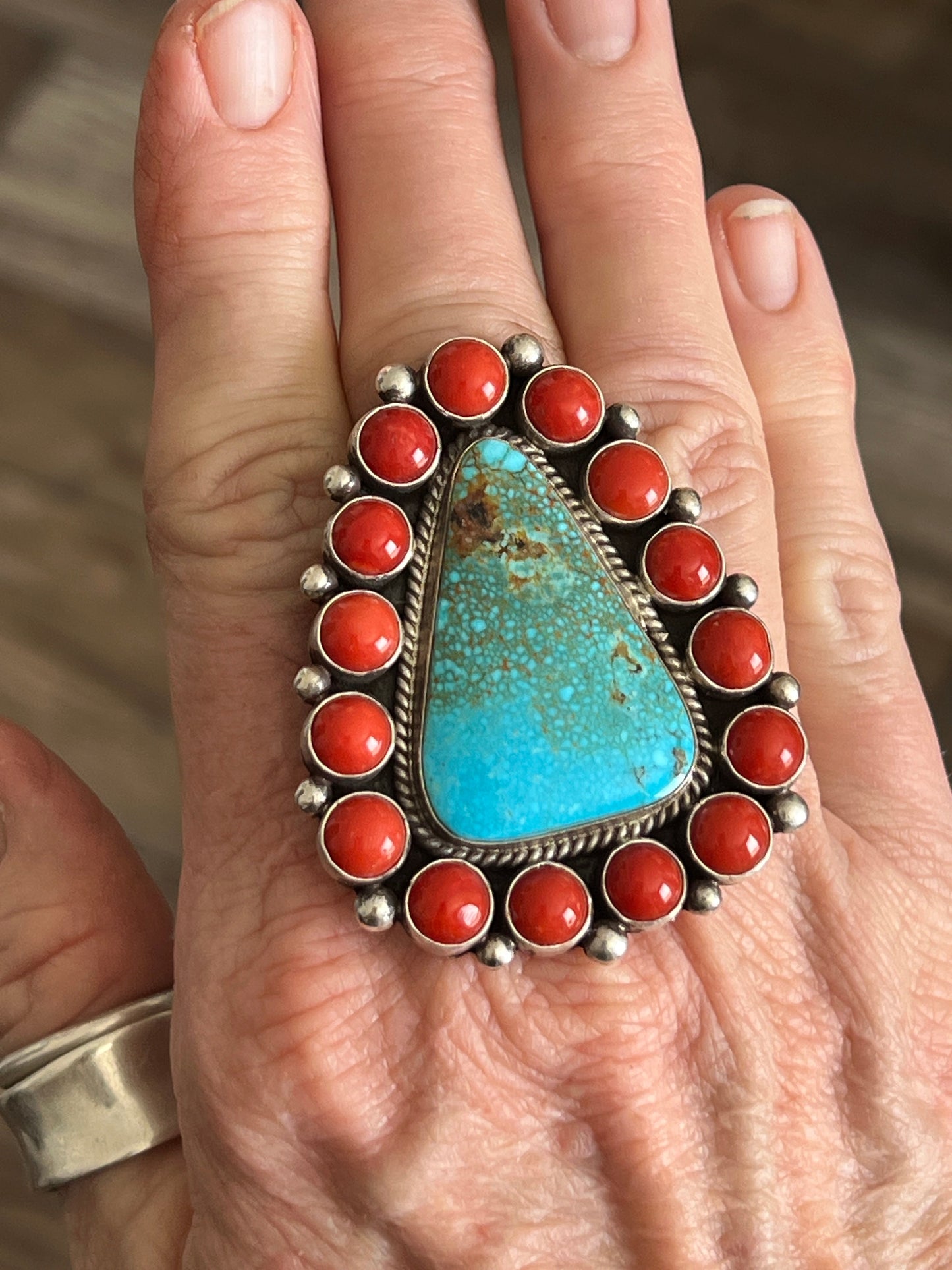Navajo Sterling Silver, Kingman Turquoise and Mediterranean Coral Cluster Ring By Tyler Brown, Adjustable