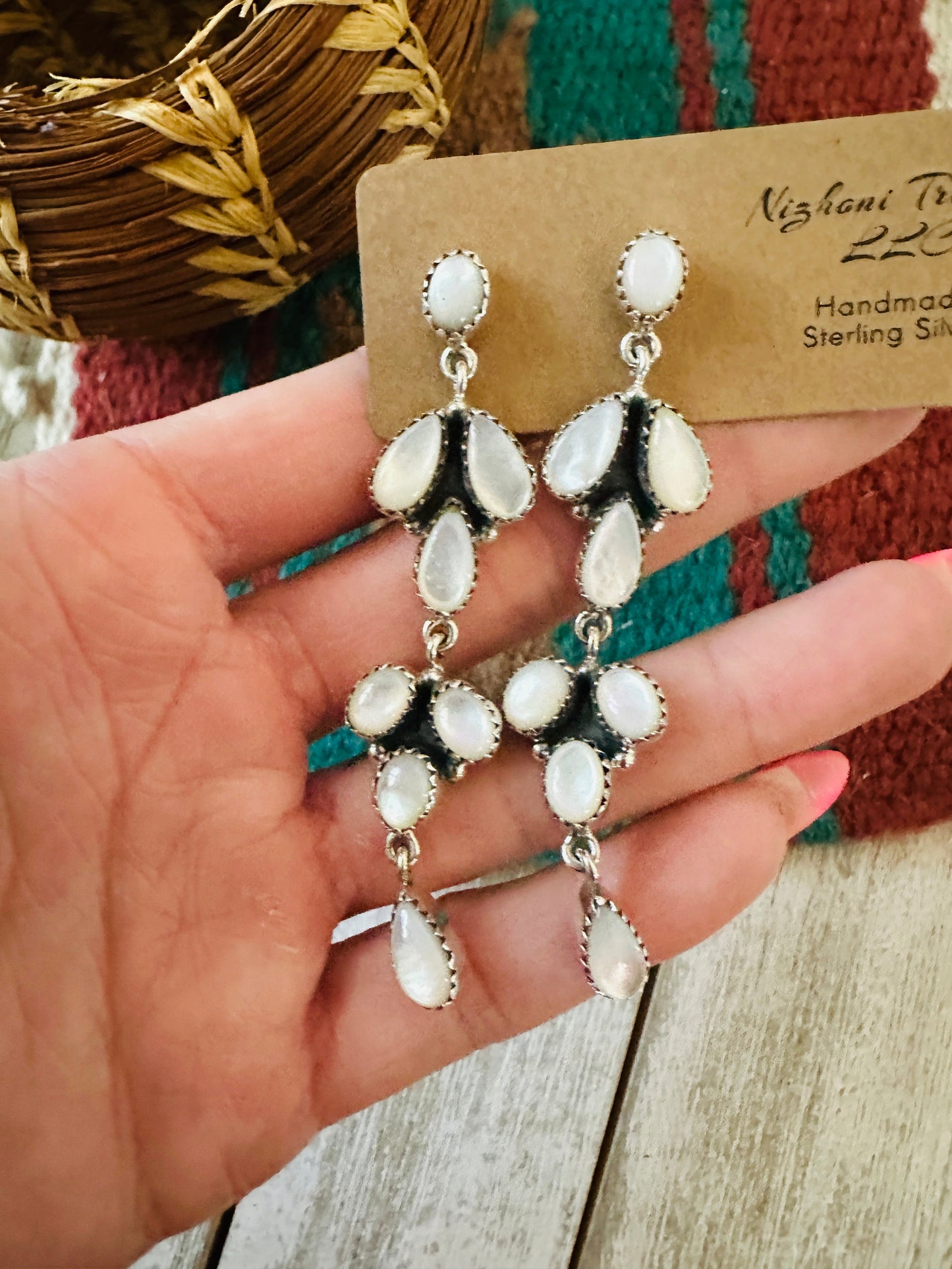 ** Christmas Collection ** Handmade Sterling Silver & Mother of Pearl Dangle Earrings Signed Nizhoni