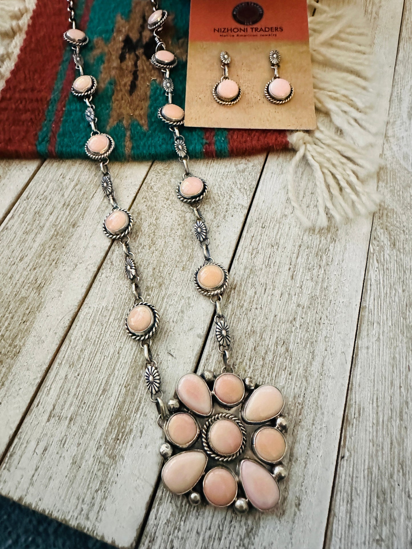 Navajo Queen Pink Conch & Sterling Silver Cluster Necklace Set