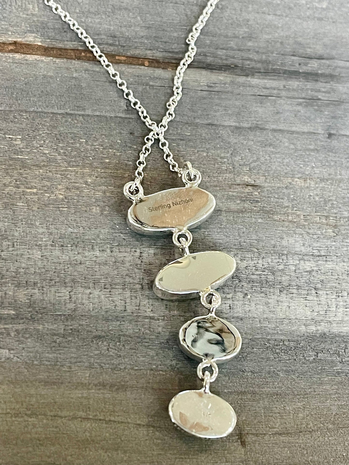 Handmade Sterling Silver & Royston Turquoise 4 Stone Drop Necklace Signed Nizhoni