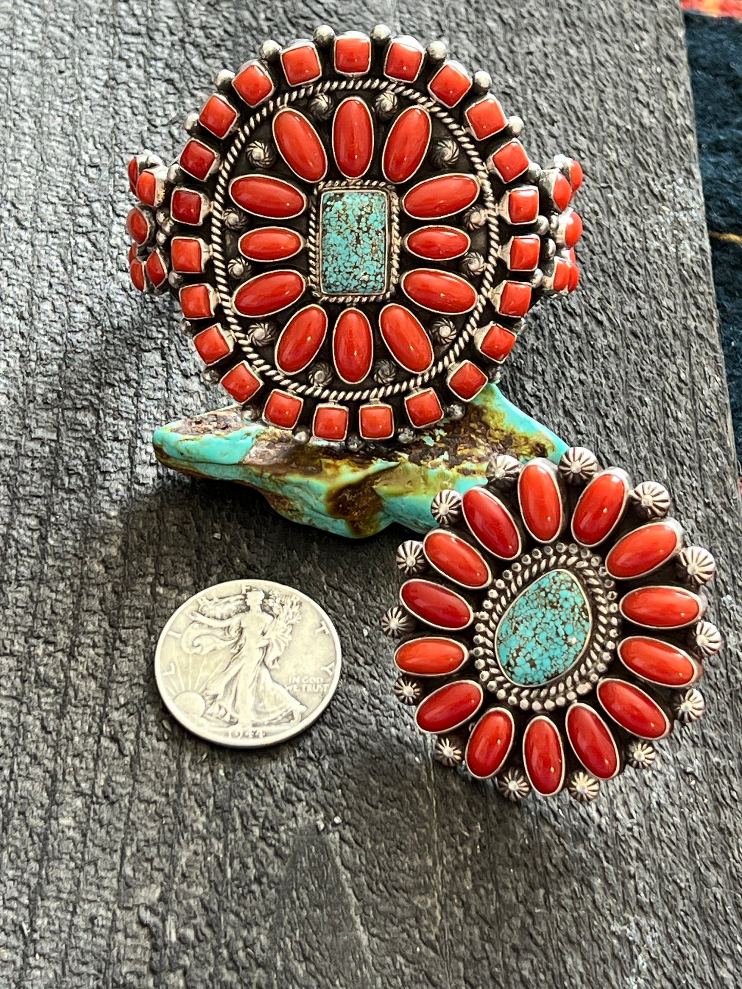 Navajo Sterling Silver, Mediterranean Coral and Spiderweb Kingman Cluster Ring, Adjustable