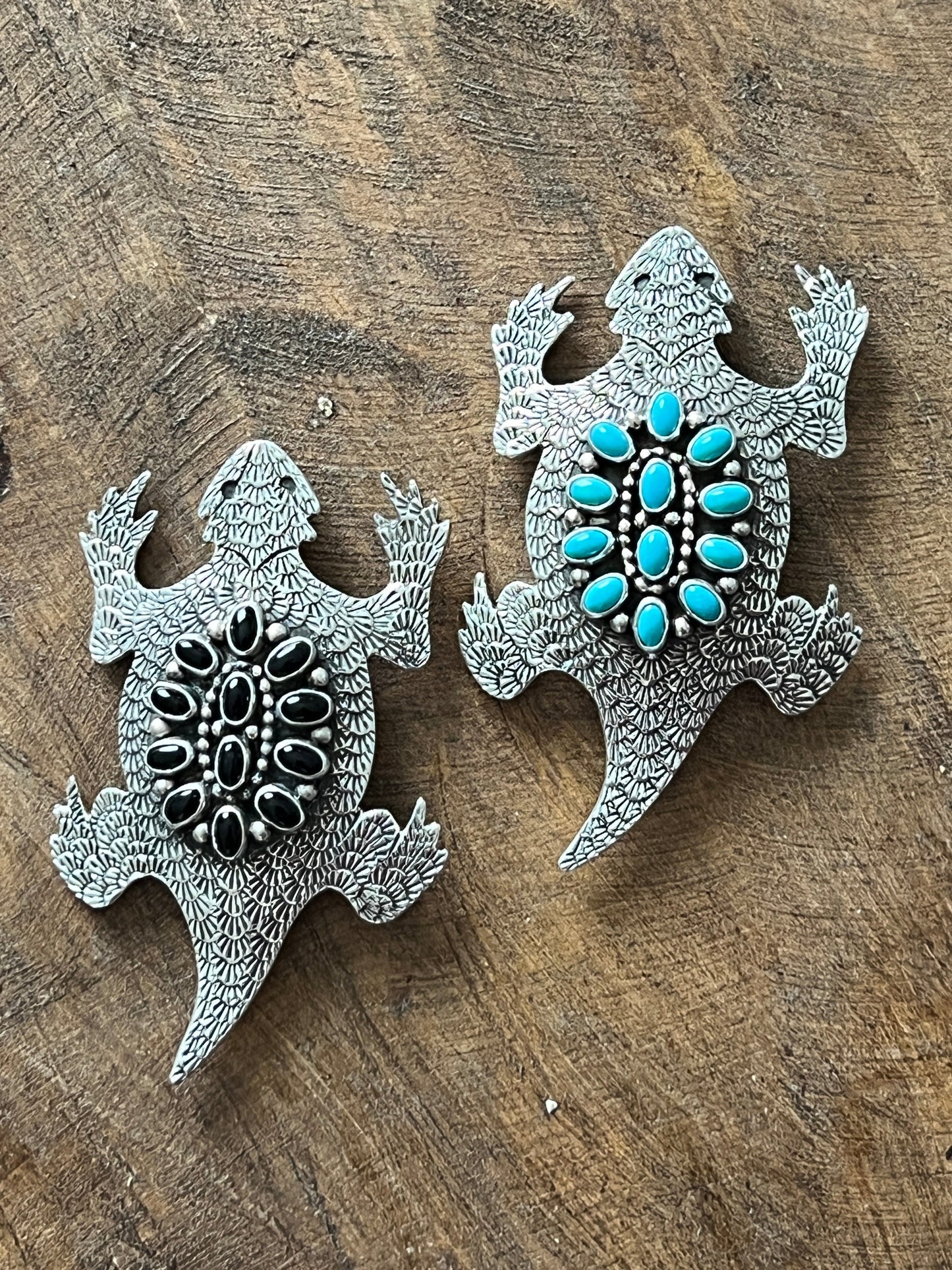 Navajo Sterling Silver and Stone Horned Toad Pin and Pendant by Lee Charley, Turquoise or Onyx