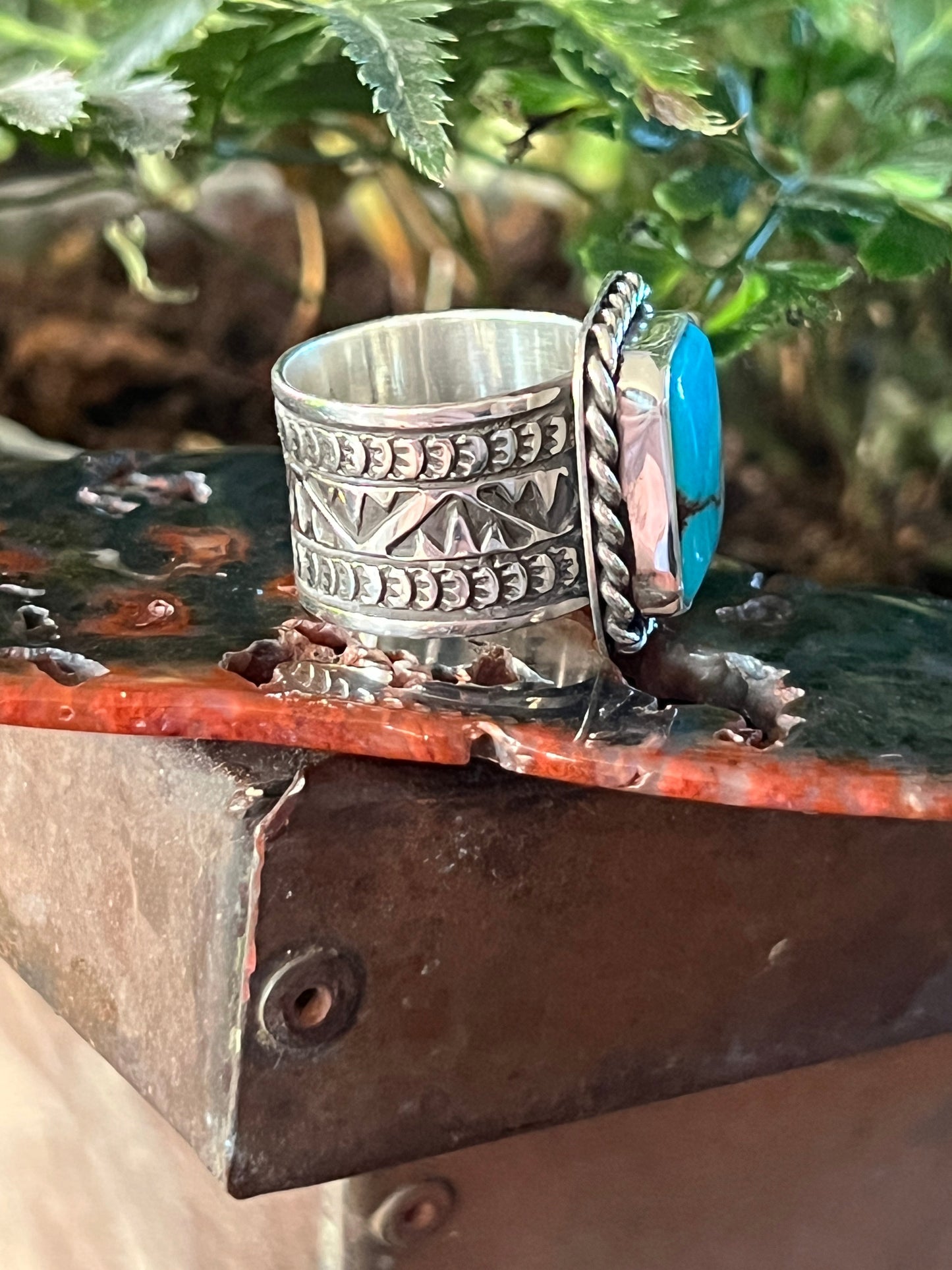 Native Made Hand Stamped Sterling Silver Wide Shank Ring with Egyptian Turquoise by Shaun Rogers, Size 9